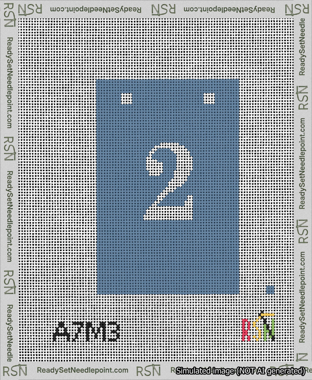 A taped needlepoint canvas with the design: Banner 13 mesh count Squared 2 White on Blue.