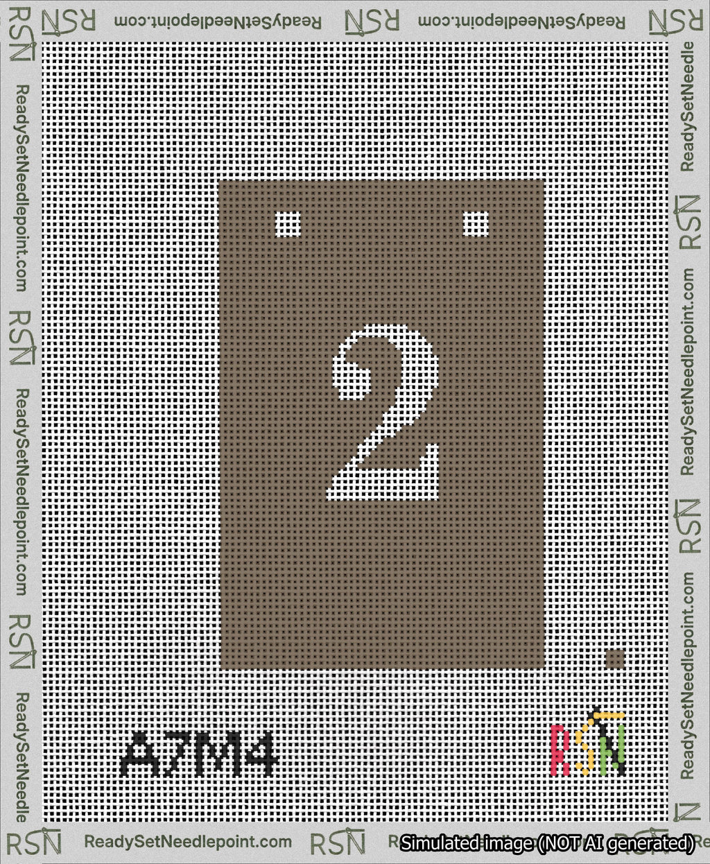 A taped needlepoint canvas with the design: Banner 13 mesh count Squared 2 White on Brown.