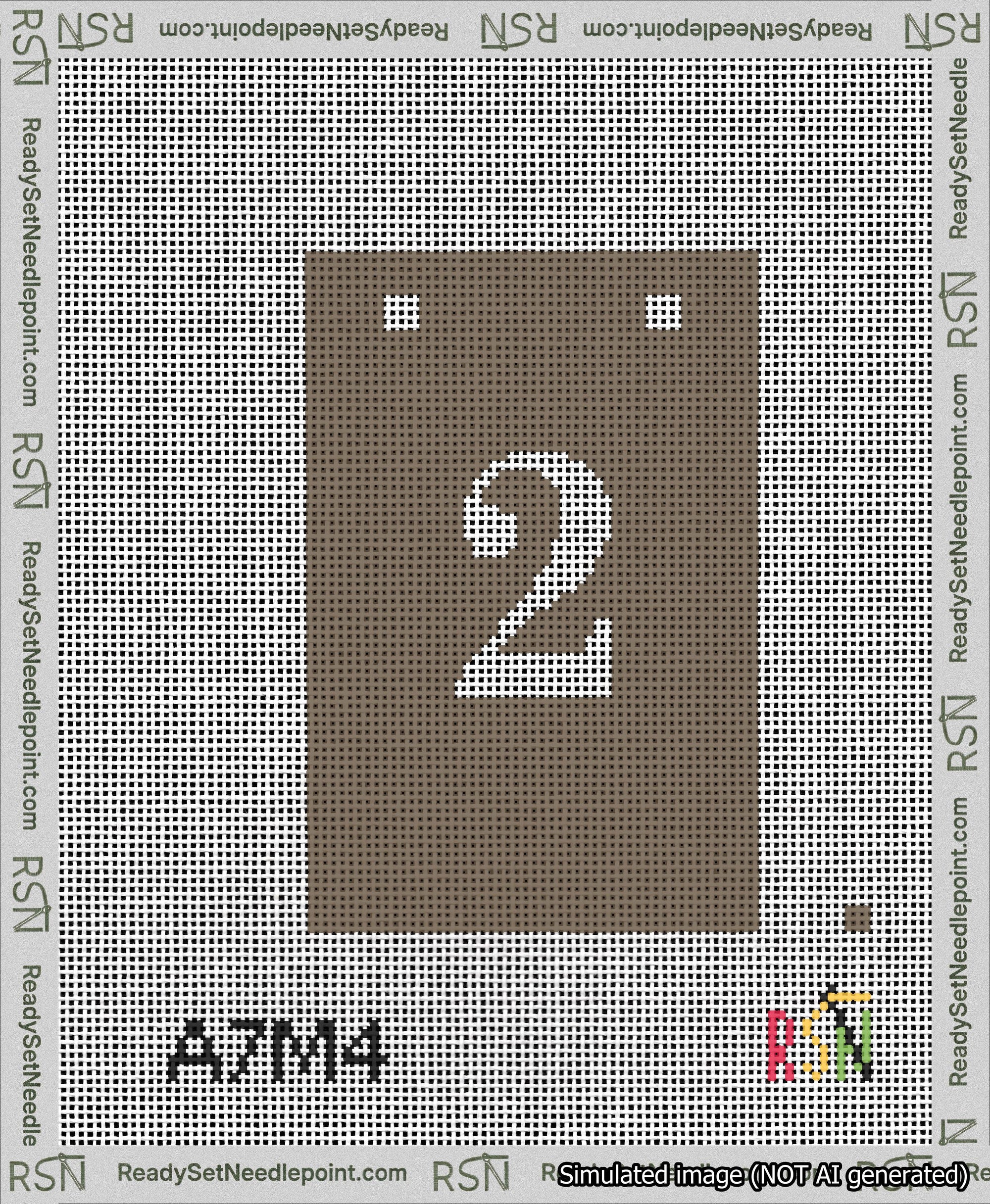 A taped needlepoint canvas with the design: Banner 13 mesh count Squared 2 White on Brown.