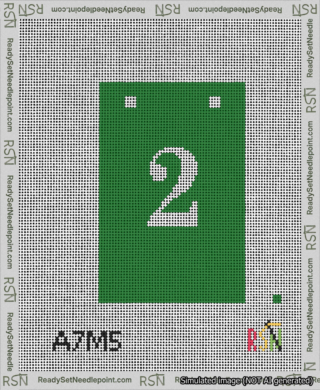 A taped needlepoint canvas with the design: Banner 13 mesh count Squared 2 White on Green.