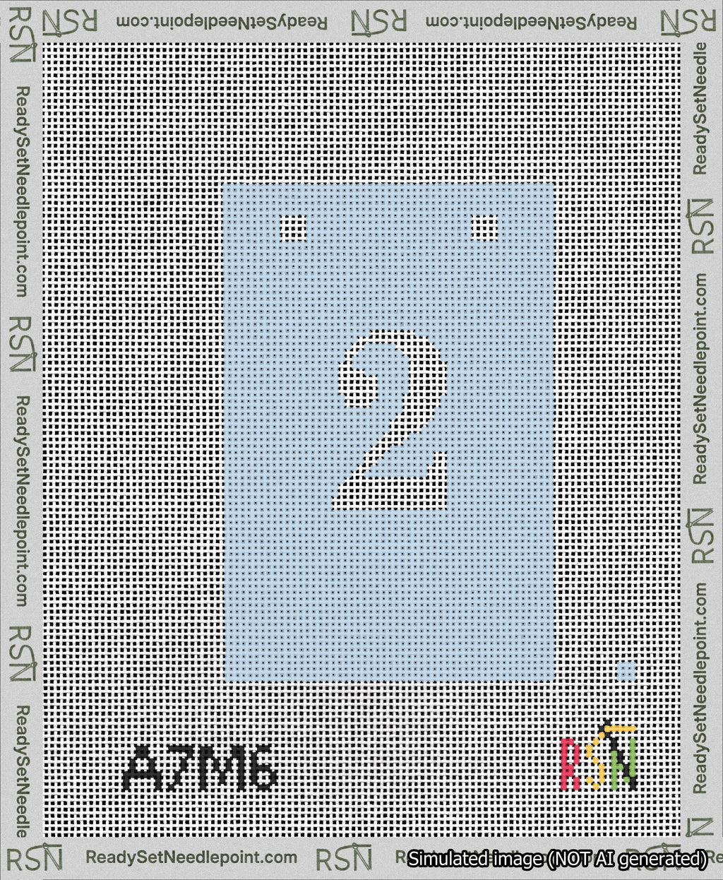 A taped needlepoint canvas with the design: Banner 13 mesh count Squared 2 White on Light Blue.