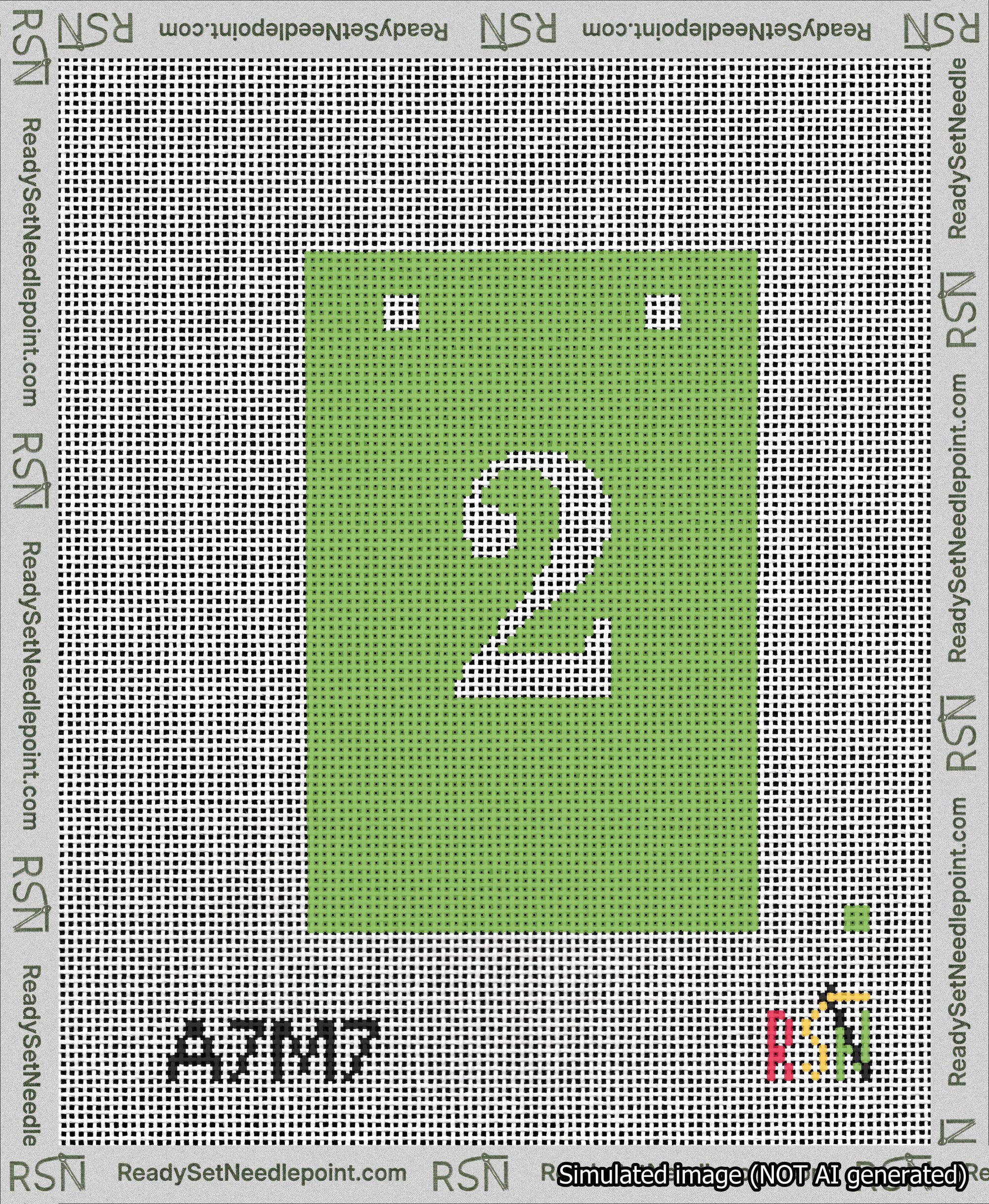 A taped needlepoint canvas with the design: Banner 13 mesh count Squared 2 White on Light Green.
