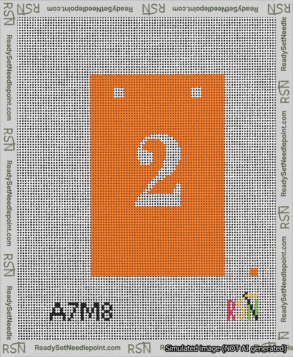 A taped needlepoint canvas with the design: Banner 13 mesh count Squared 2 White on Orange.