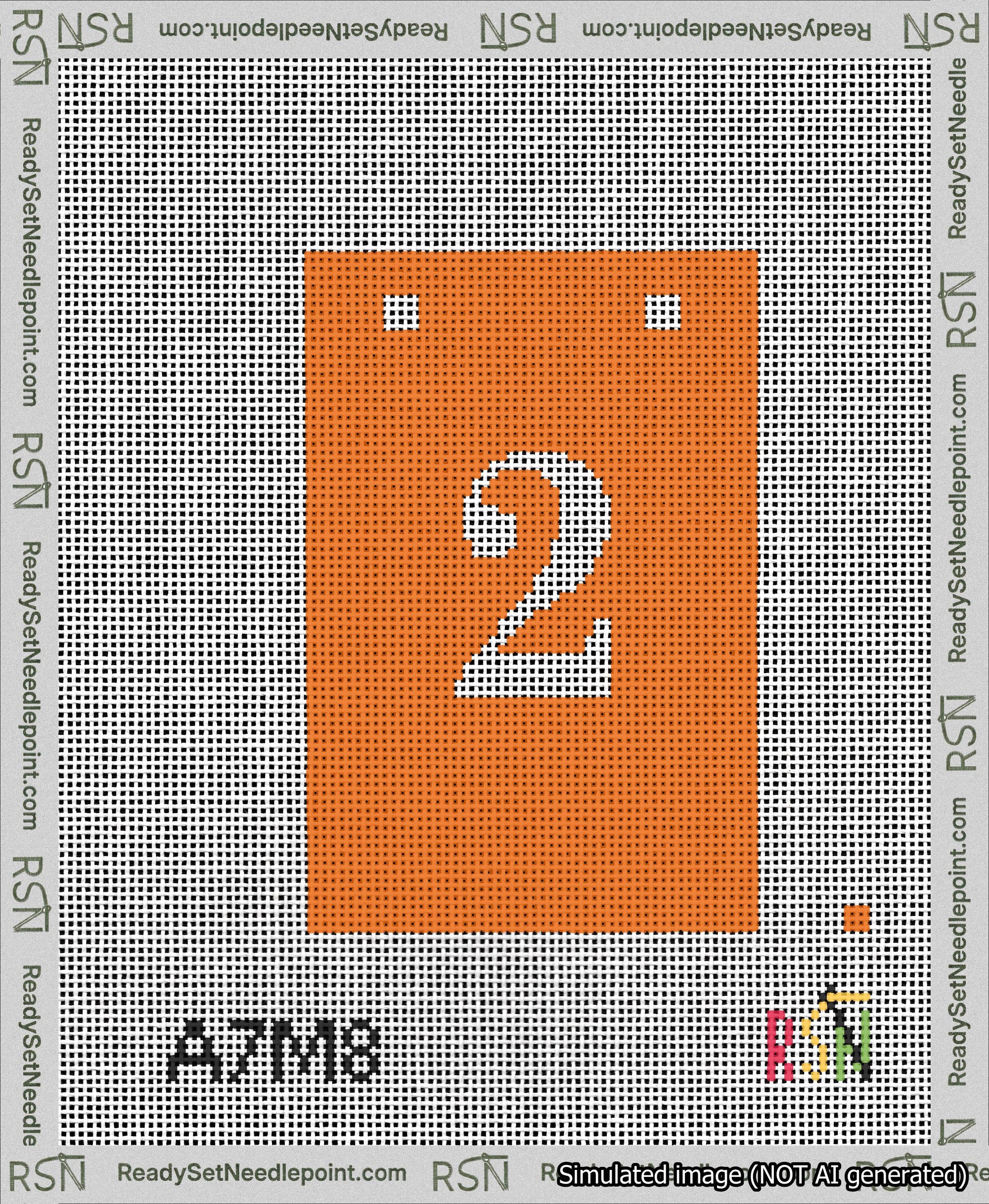 A taped needlepoint canvas with the design: Banner 13 mesh count Squared 2 White on Orange.