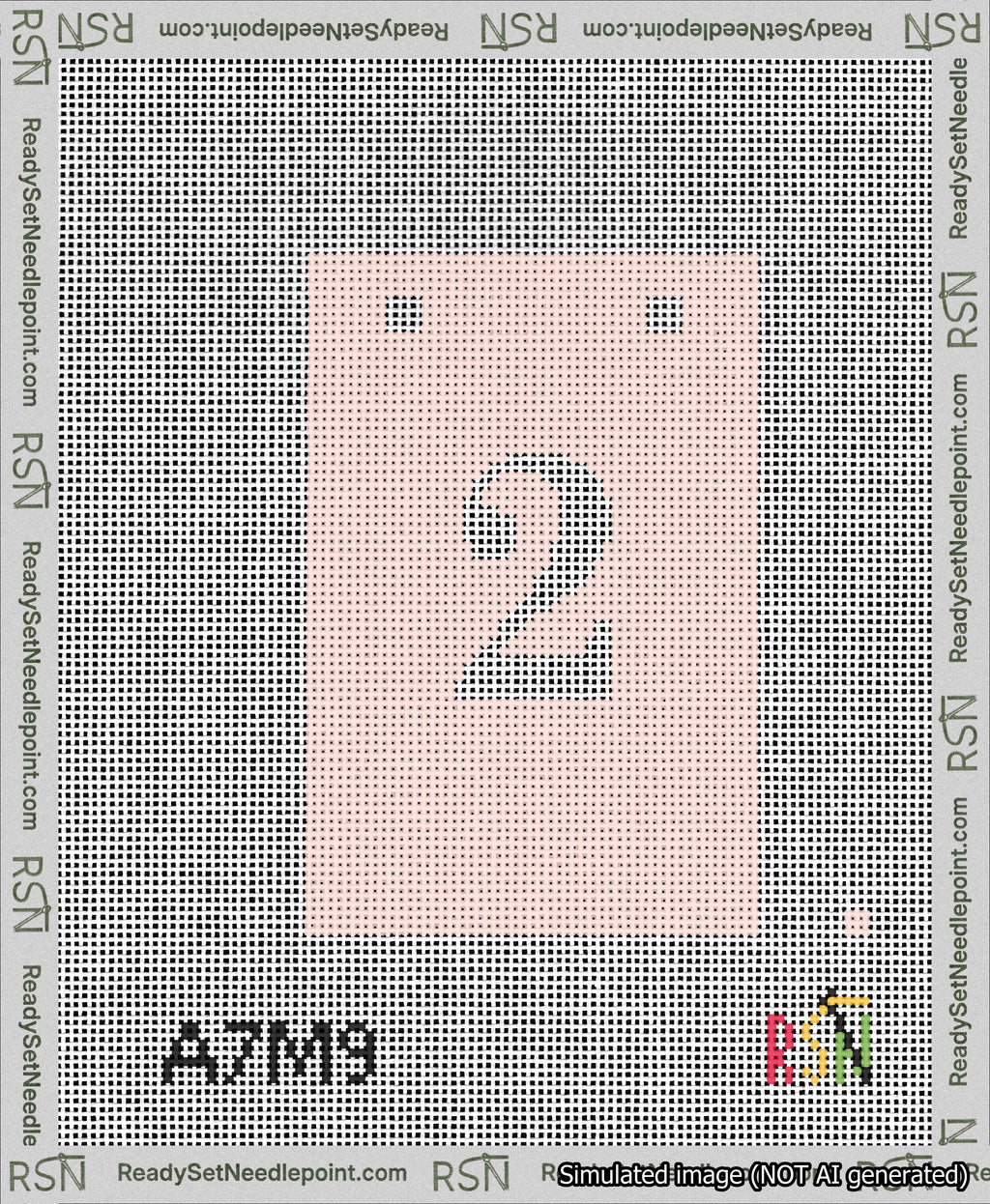 A taped needlepoint canvas with the design: Banner 13 mesh count Squared 2 White on Pink.