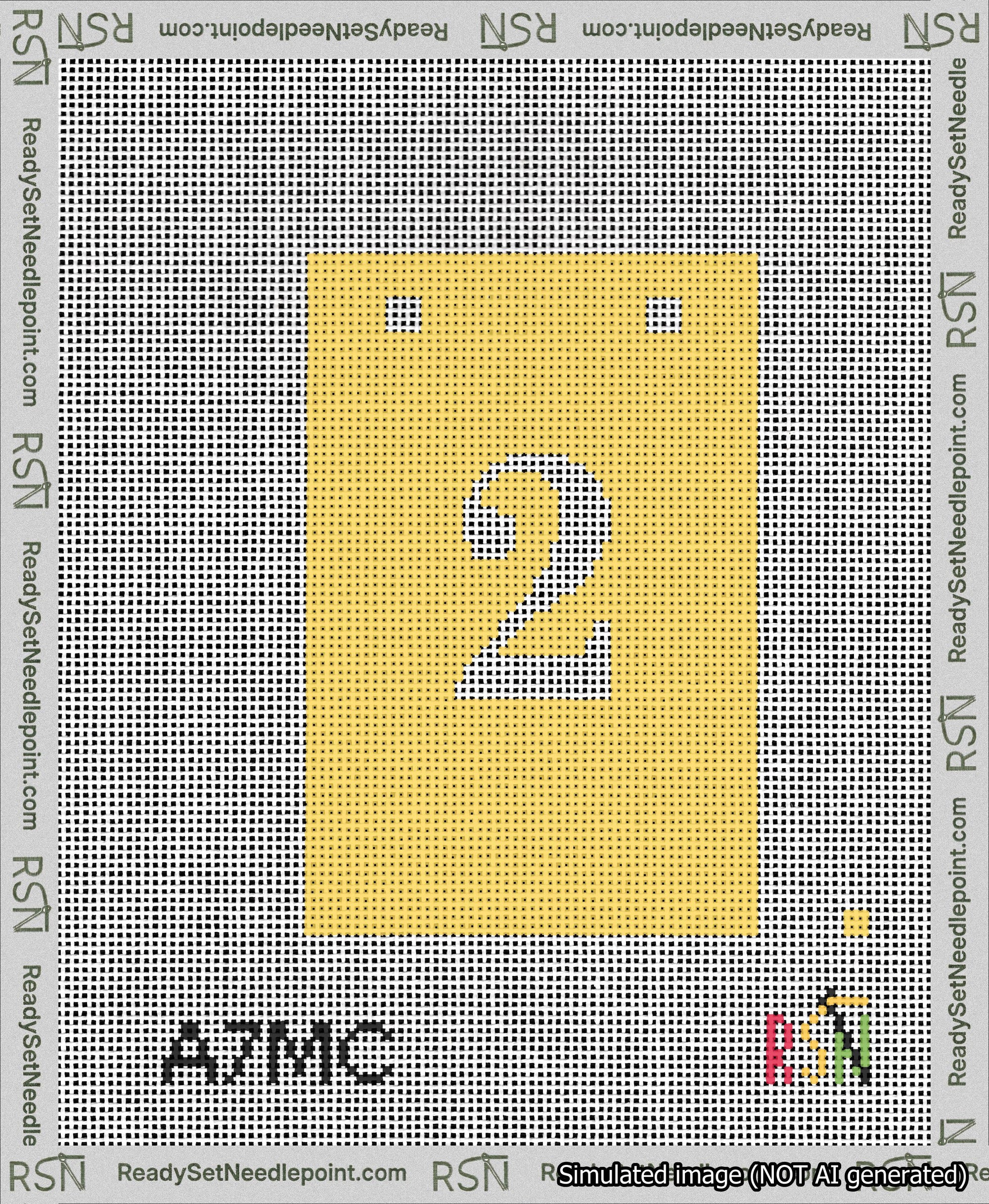 A taped needlepoint canvas with the design: Banner 13 mesh count Squared 2 White on Yellow.