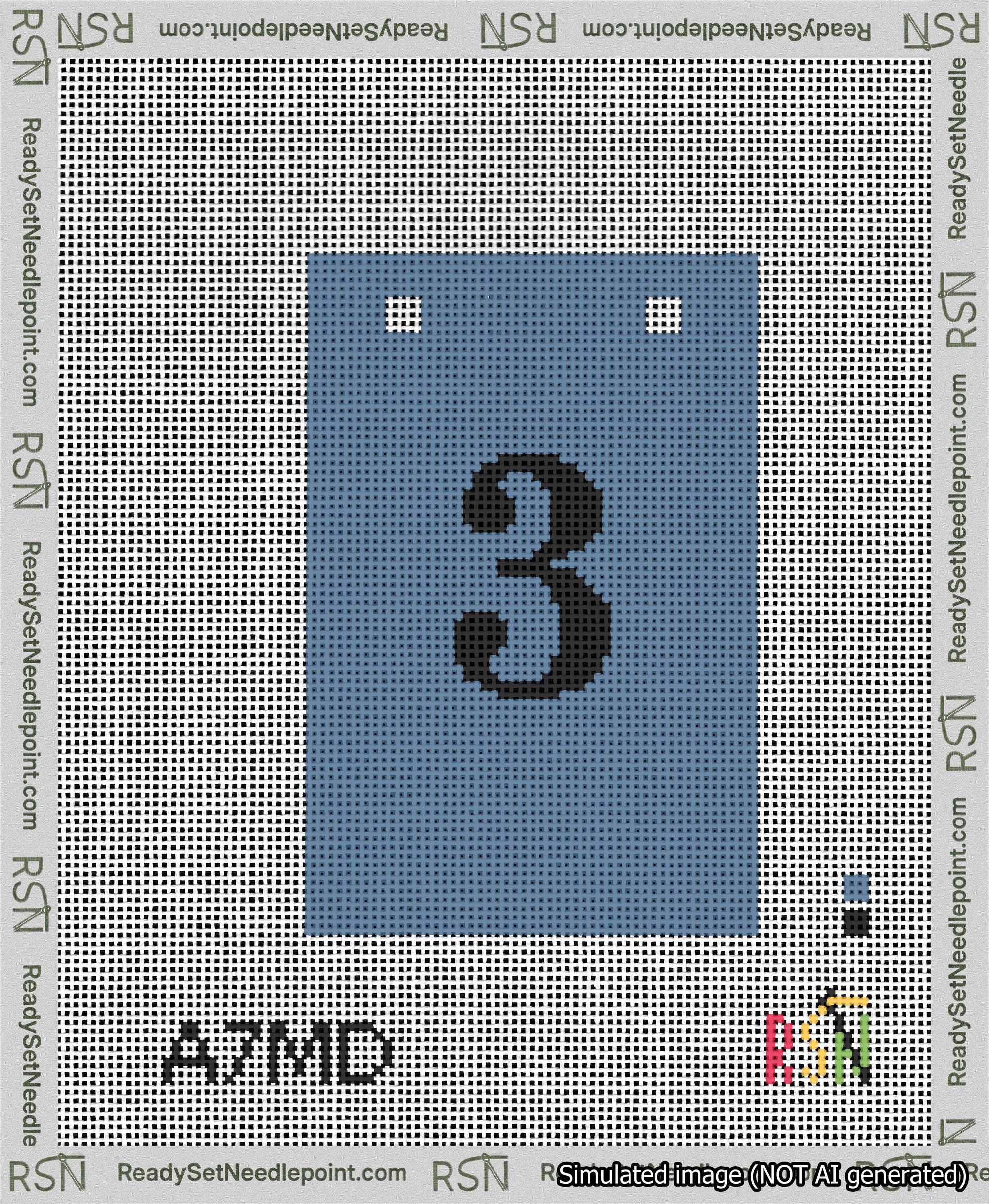 A taped needlepoint canvas with the design: Banner 13 mesh count Squared 3 Black on Blue.