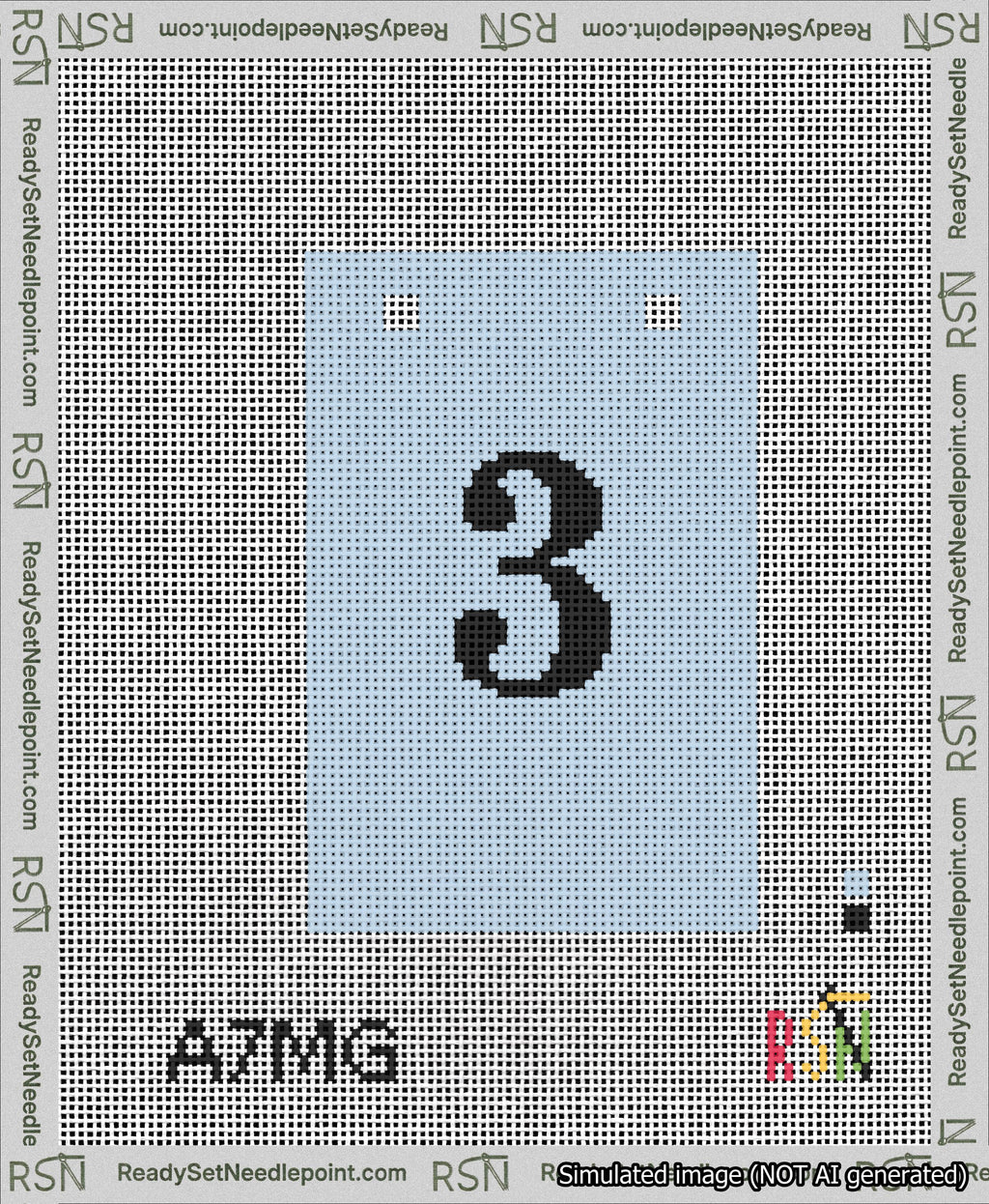 A taped needlepoint canvas with the design: Banner 13 mesh count Squared 3 Black on Light Blue.