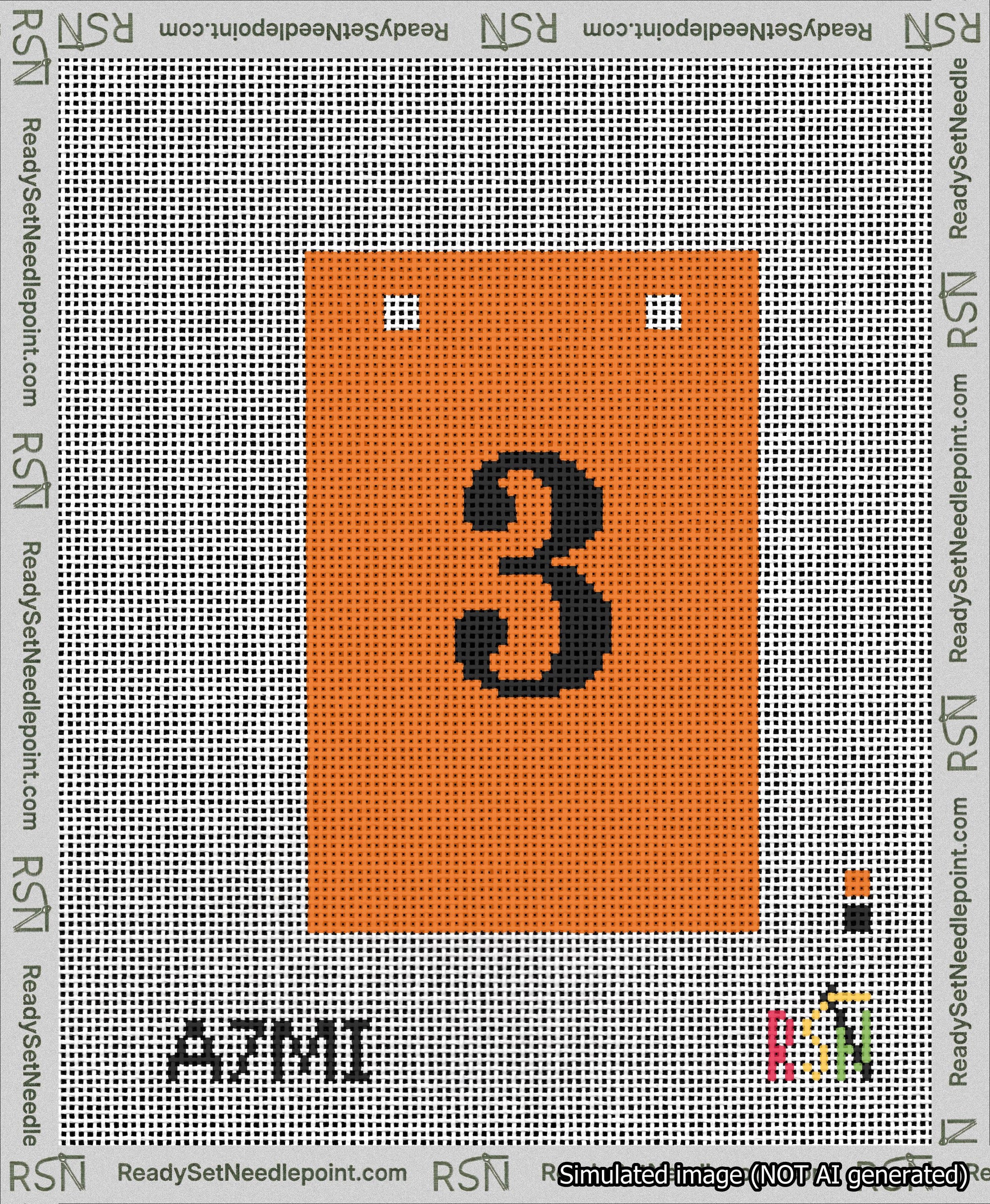 A taped needlepoint canvas with the design: Banner 13 mesh count Squared 3 Black on Orange.