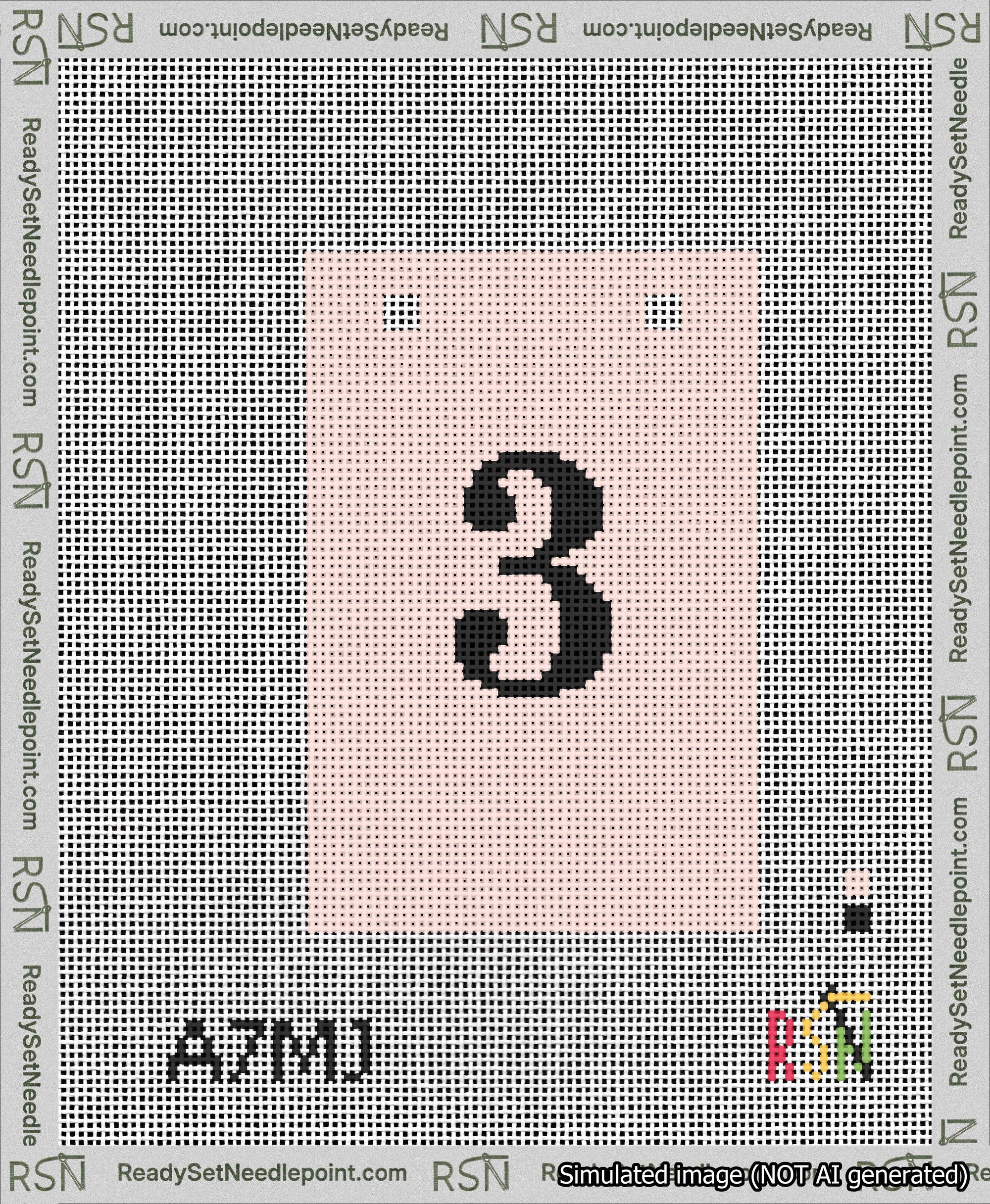 A taped needlepoint canvas with the design: Banner 13 mesh count Squared 3 Black on Pink.