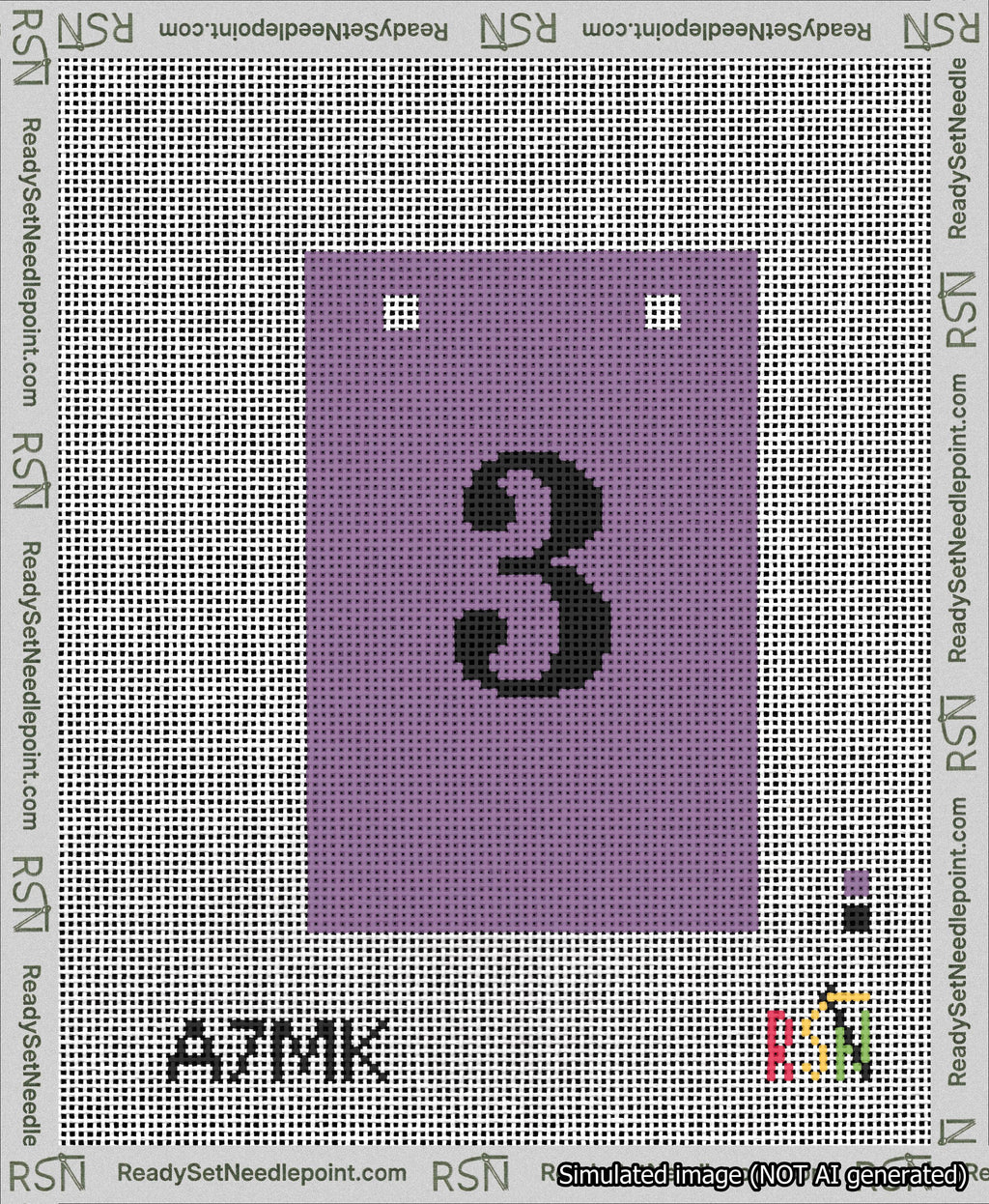 A taped needlepoint canvas with the design: Banner 13 mesh count Squared 3 Black on Purple.