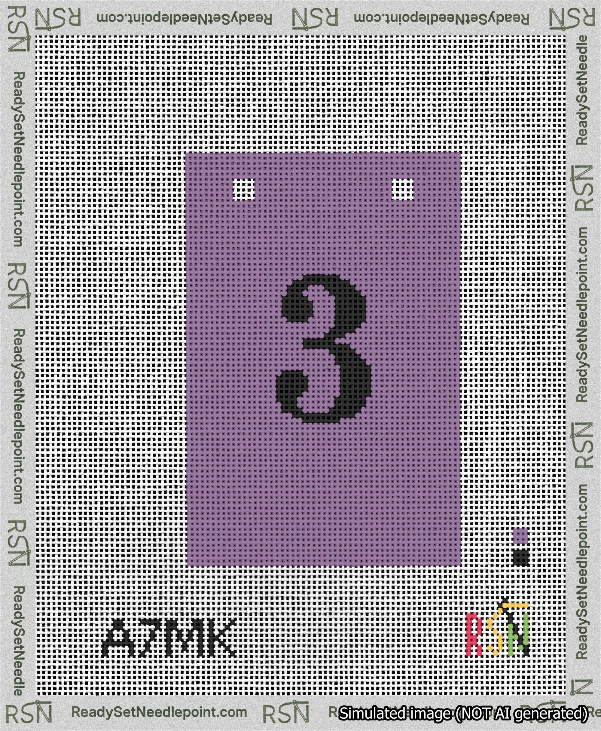 A taped needlepoint canvas with the design: Banner 13 mesh count Squared 3 Black on Purple.