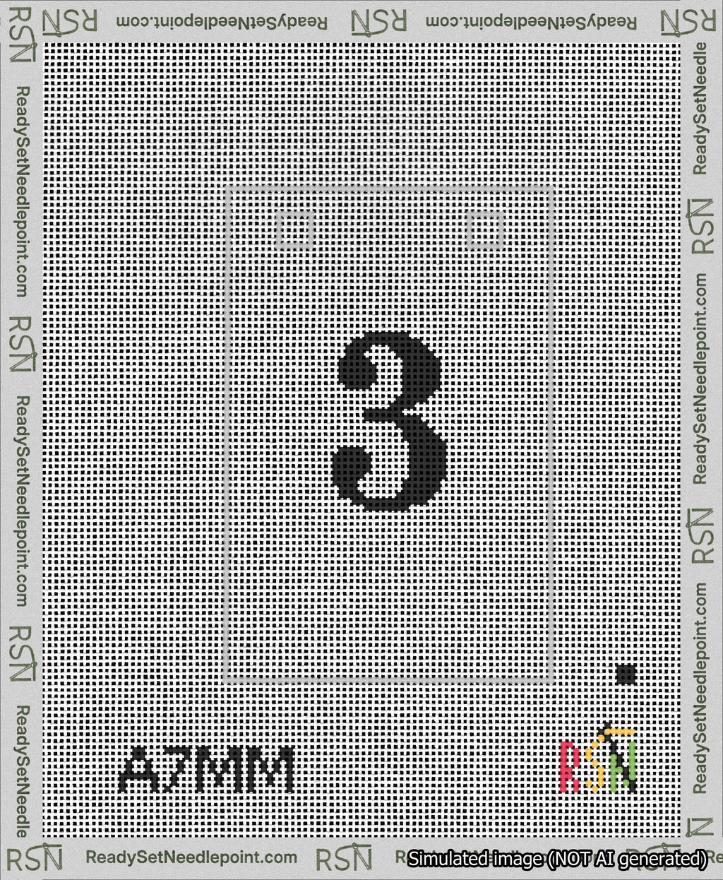 A taped needlepoint canvas with the design: Banner 13 mesh count Squared 3 Black on White.