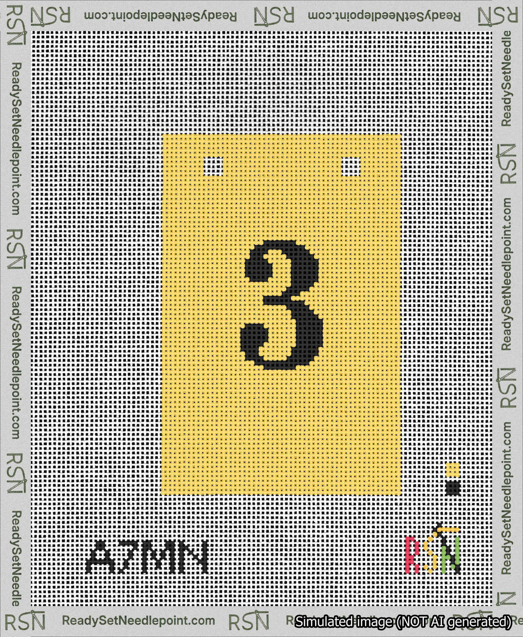 A taped needlepoint canvas with the design: Banner 13 mesh count Squared 3 Black on Yellow.