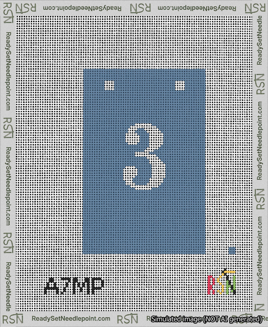 A taped needlepoint canvas with the design: Banner 13 mesh count Squared 3 White on Blue.