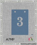 A taped needlepoint canvas with the design: Banner 13 mesh count Squared 3 White on Blue.