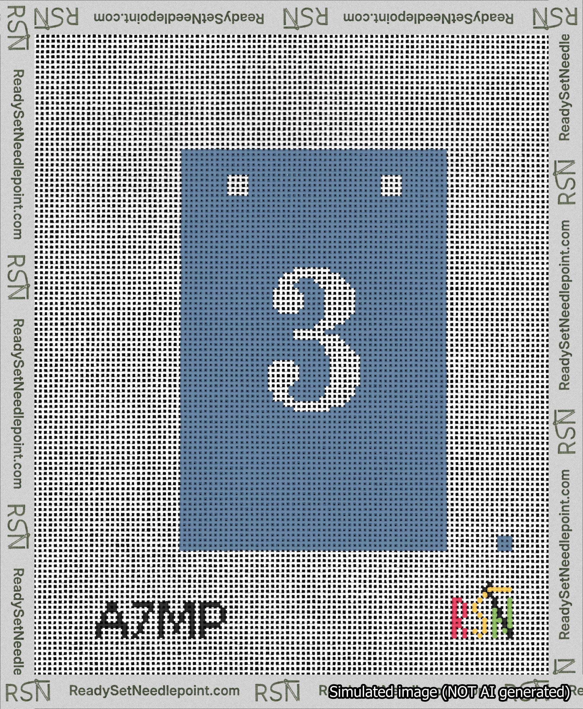 A taped needlepoint canvas with the design: Banner 13 mesh count Squared 3 White on Blue.