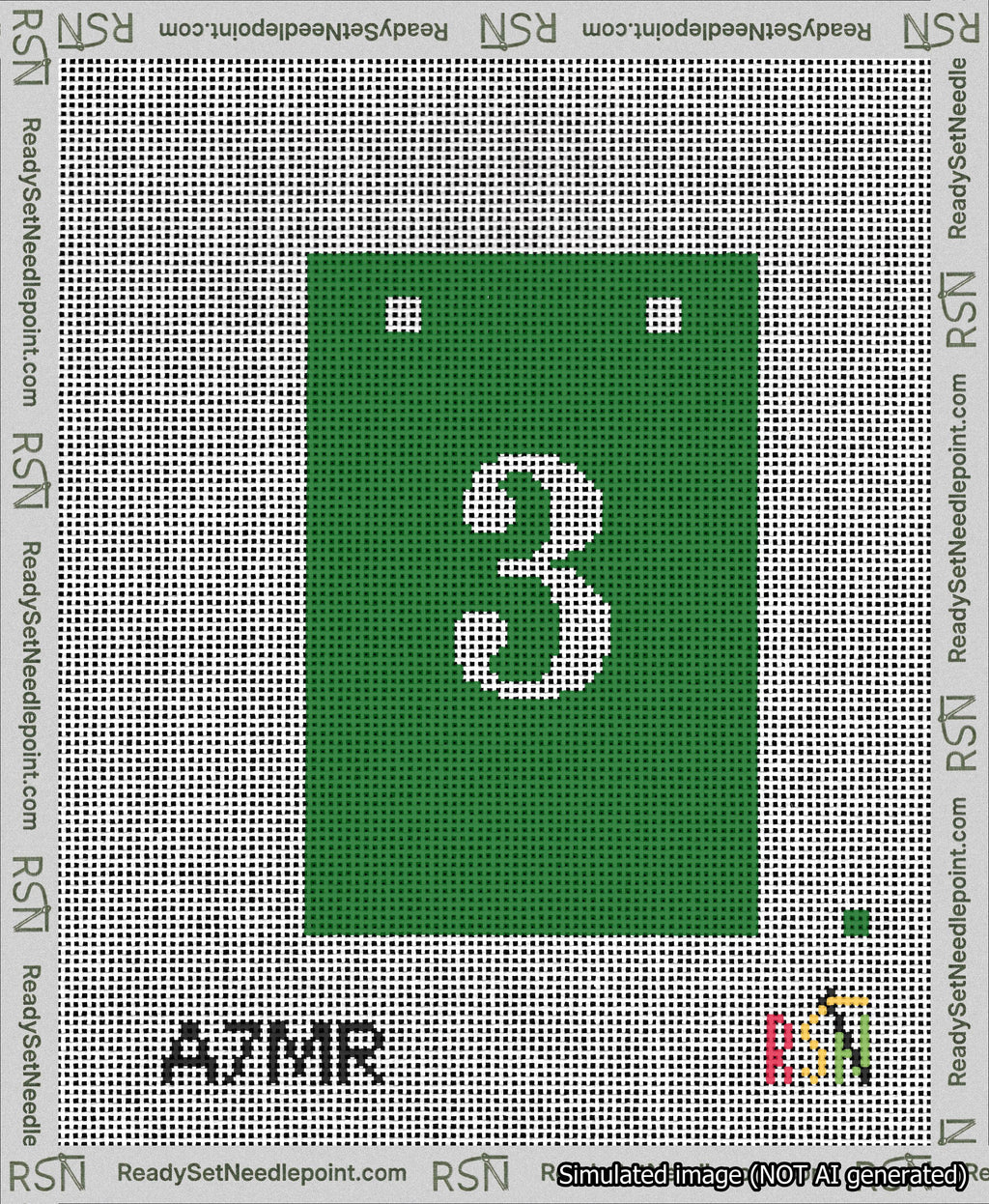A taped needlepoint canvas with the design: Banner 13 mesh count Squared 3 White on Green.