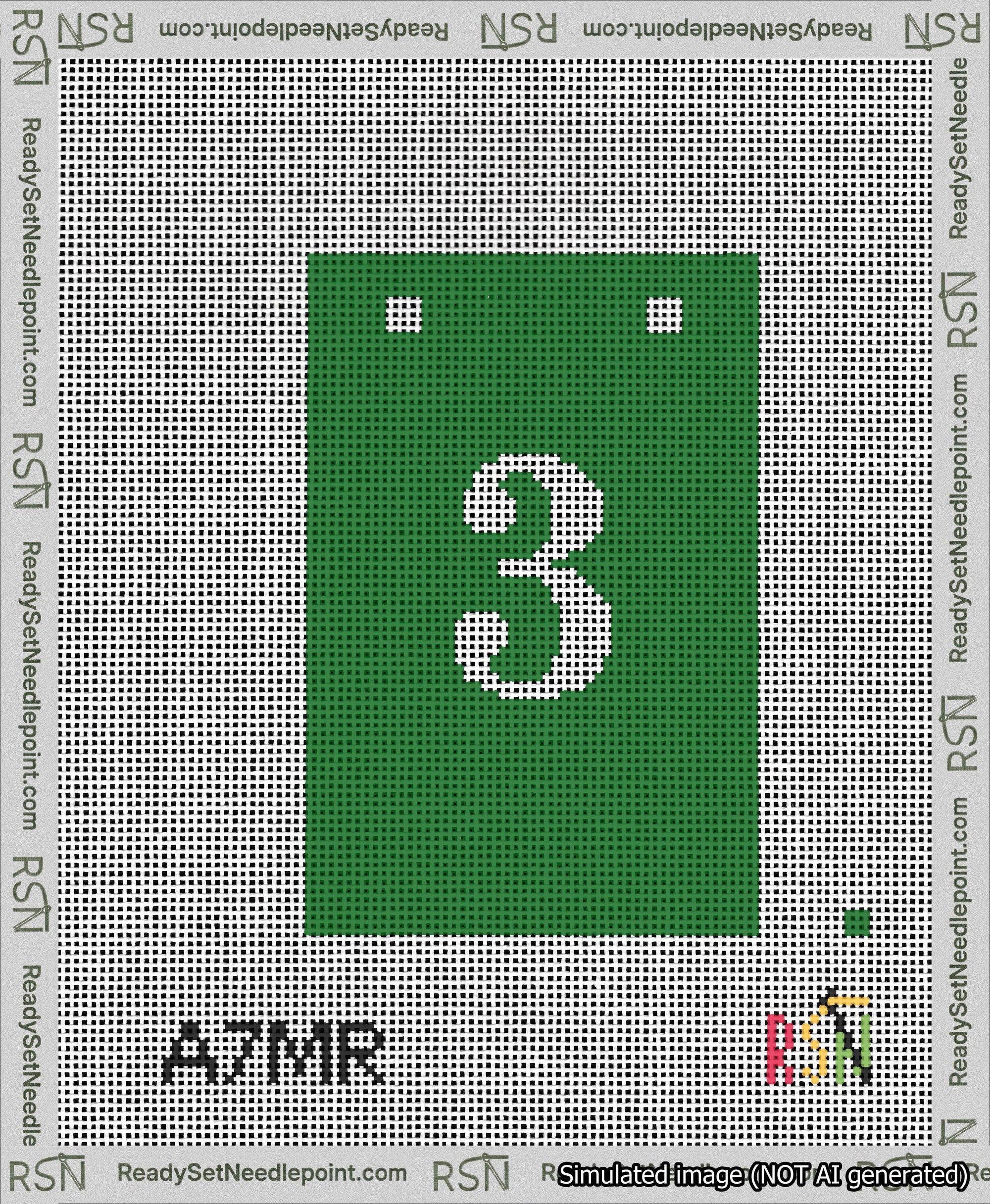 A taped needlepoint canvas with the design: Banner 13 mesh count Squared 3 White on Green.