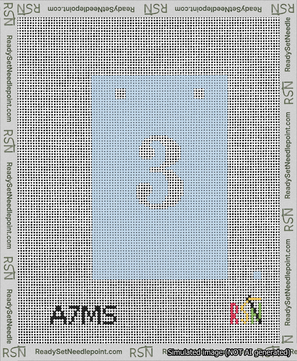 A taped needlepoint canvas with the design: Banner 13 mesh count Squared 3 White on Light Blue.