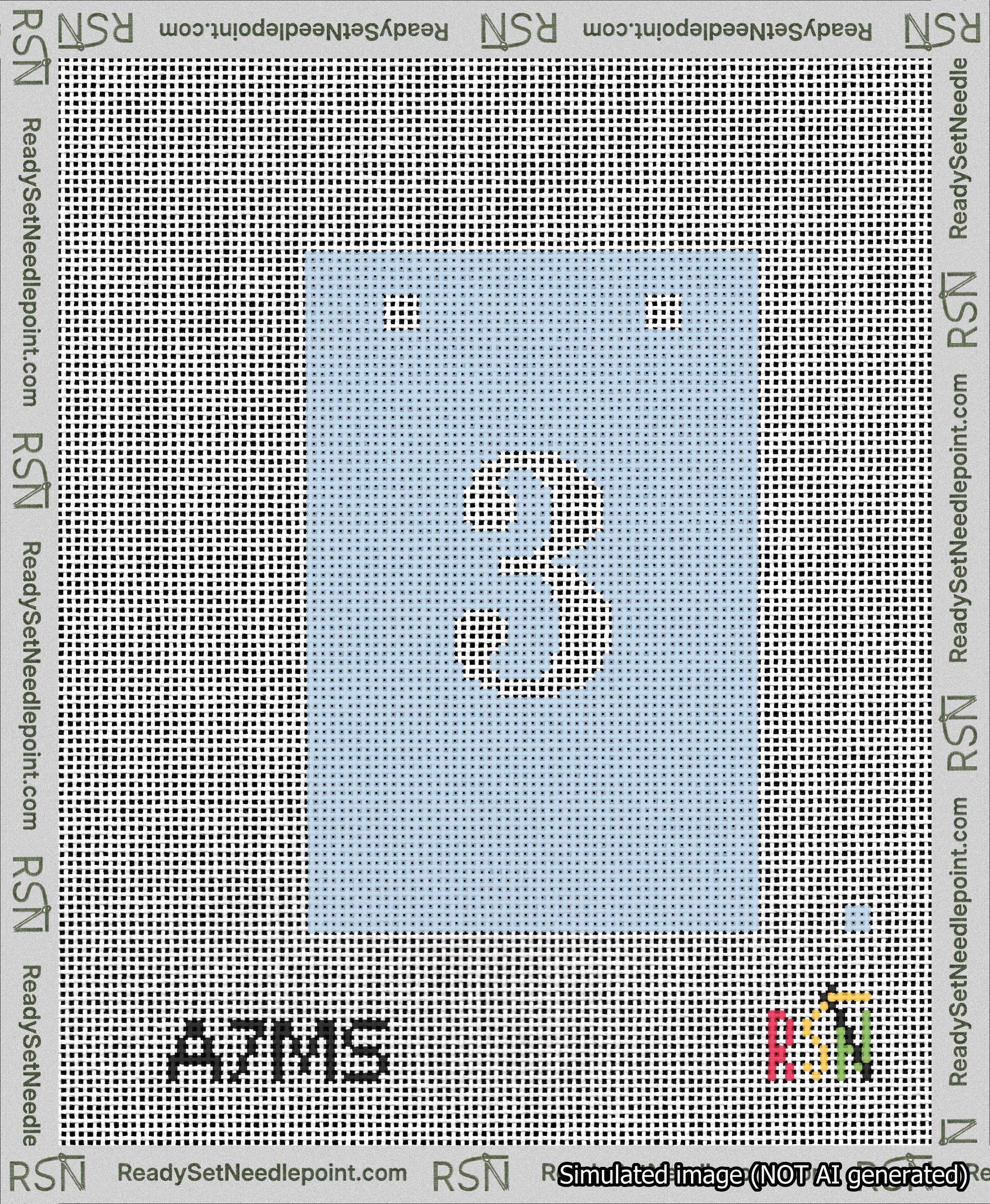 A taped needlepoint canvas with the design: Banner 13 mesh count Squared 3 White on Light Blue.