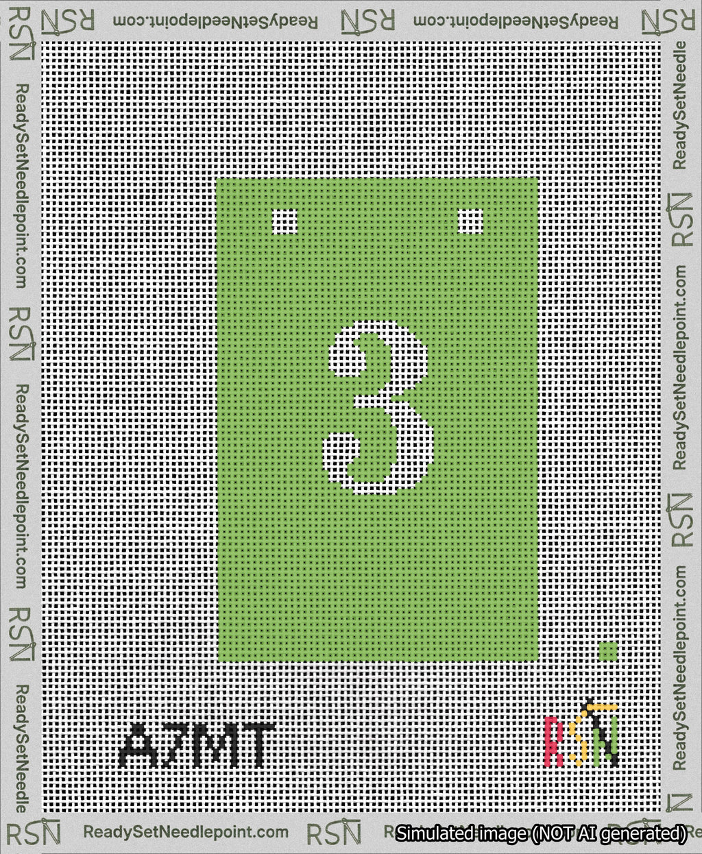 A taped needlepoint canvas with the design: Banner 13 mesh count Squared 3 White on Light Green.