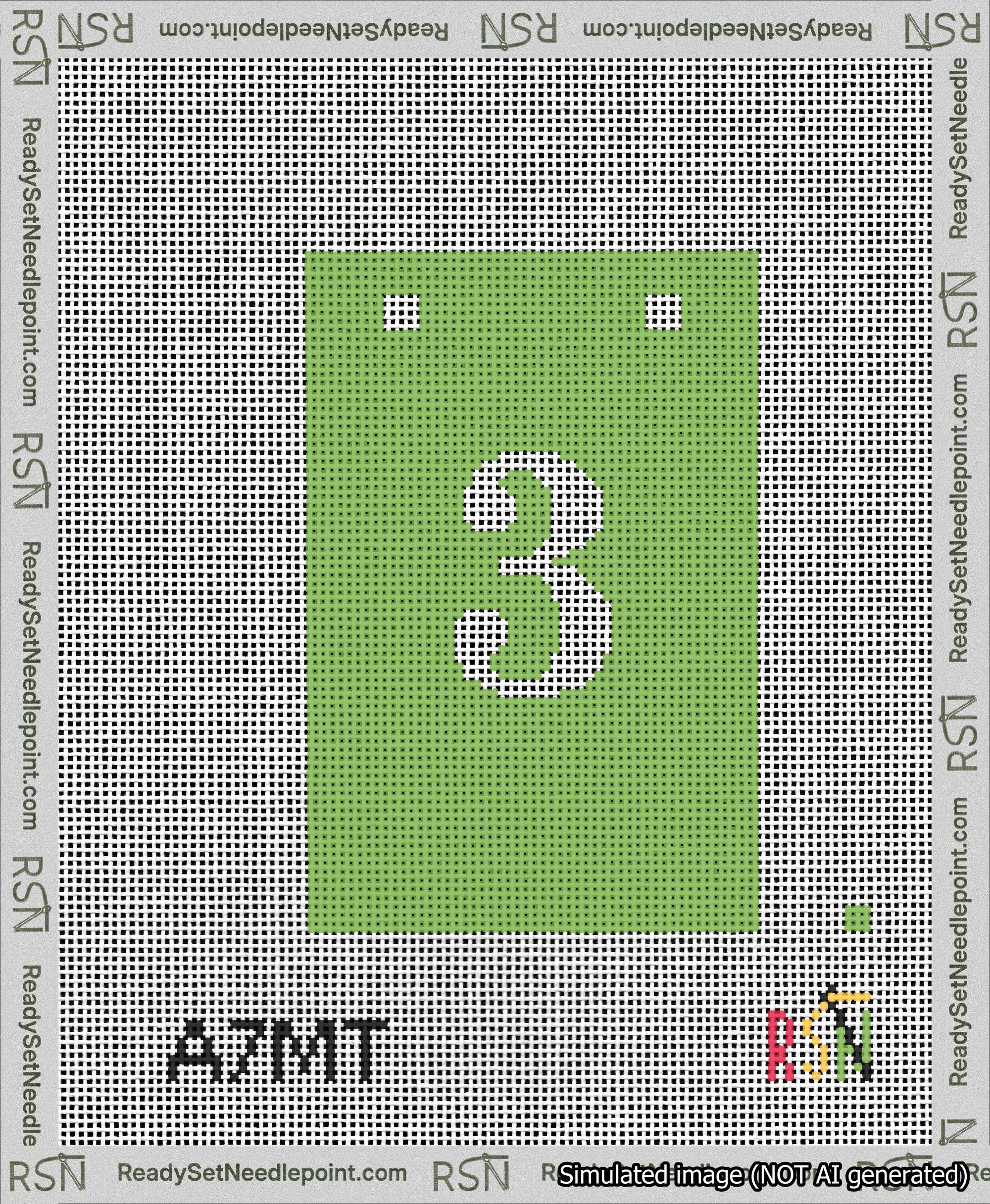 A taped needlepoint canvas with the design: Banner 13 mesh count Squared 3 White on Light Green.