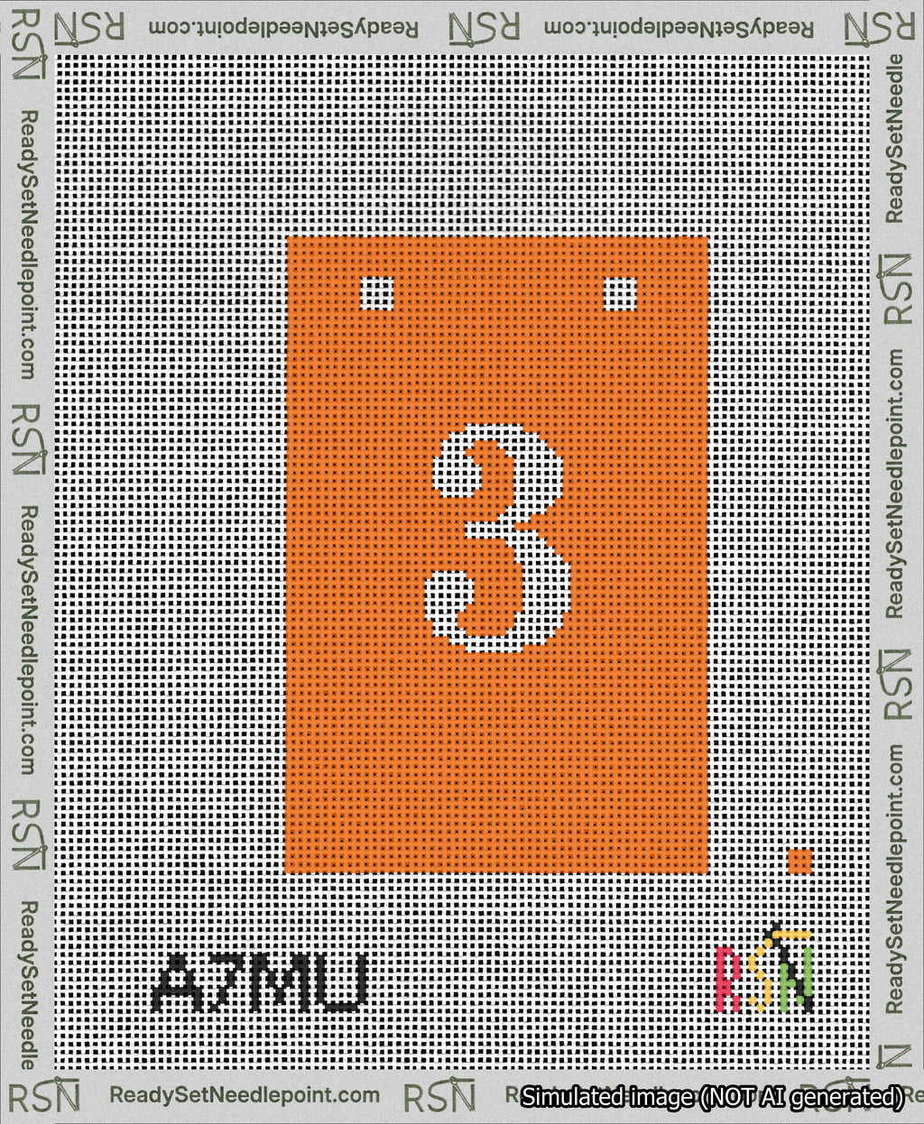 A taped needlepoint canvas with the design: Banner 13 mesh count Squared 3 White on Orange.