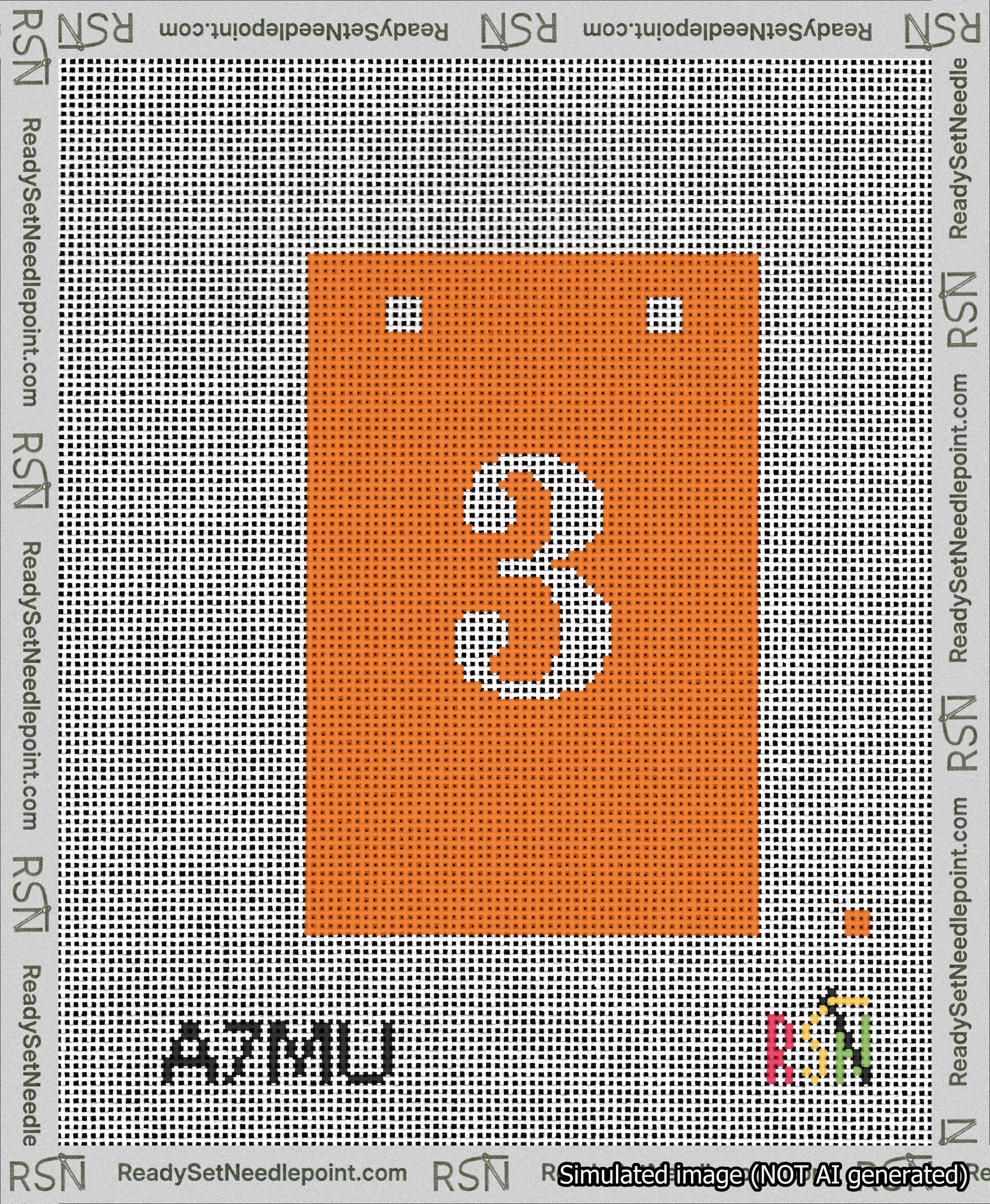 A taped needlepoint canvas with the design: Banner 13 mesh count Squared 3 White on Orange.