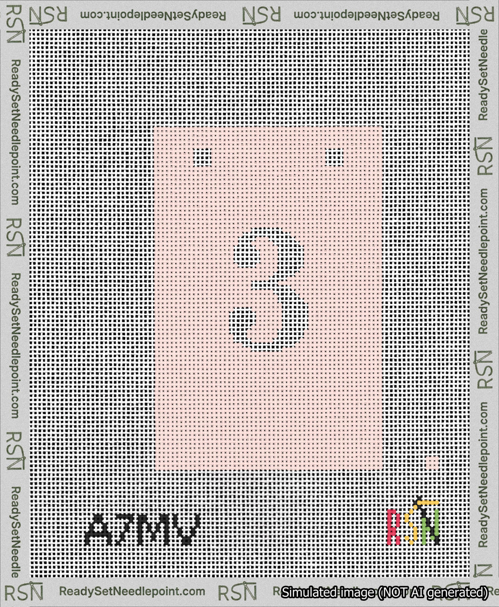A taped needlepoint canvas with the design: Banner 13 mesh count Squared 3 White on Pink.