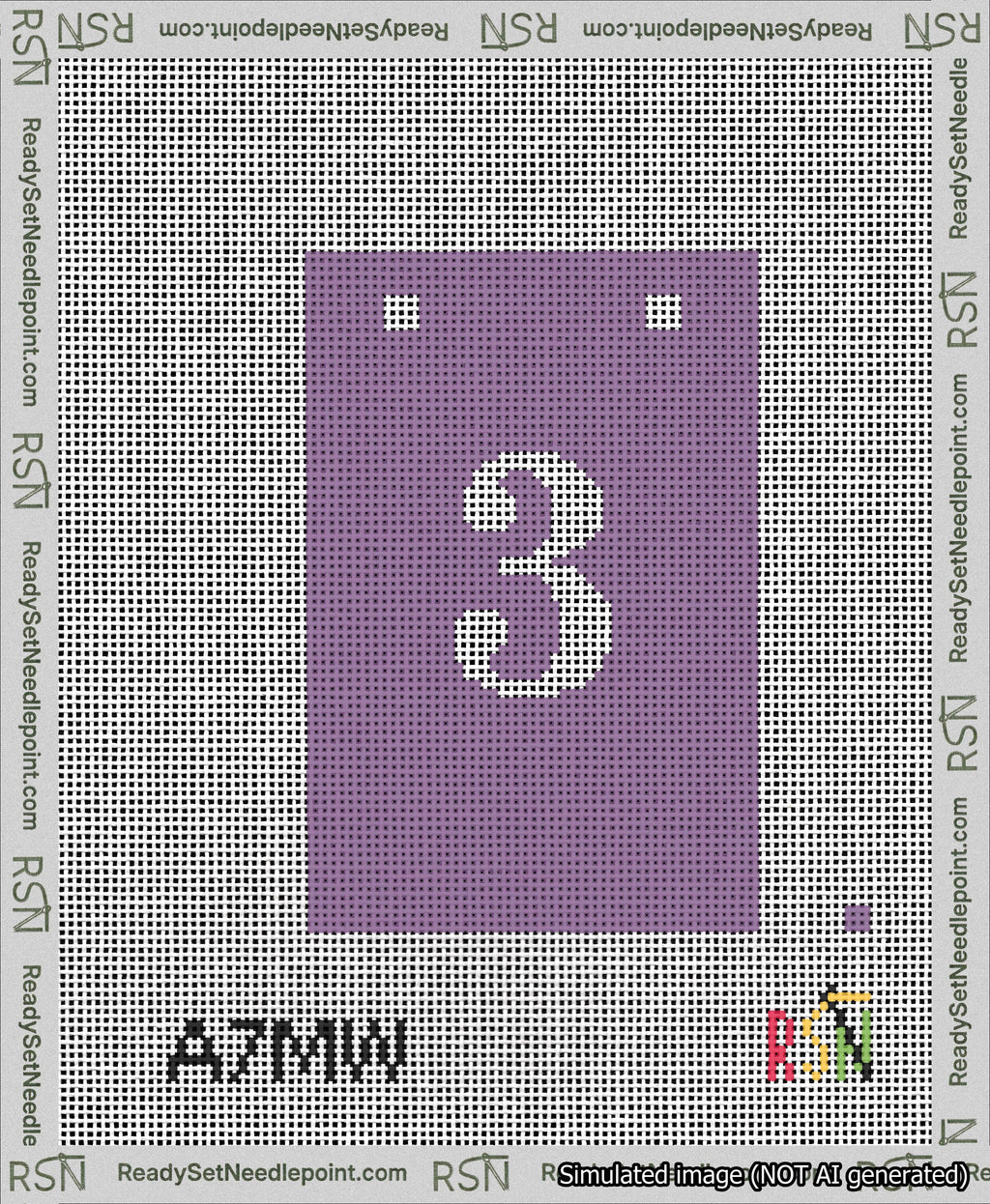 A taped needlepoint canvas with the design: Banner 13 mesh count Squared 3 White on Purple.