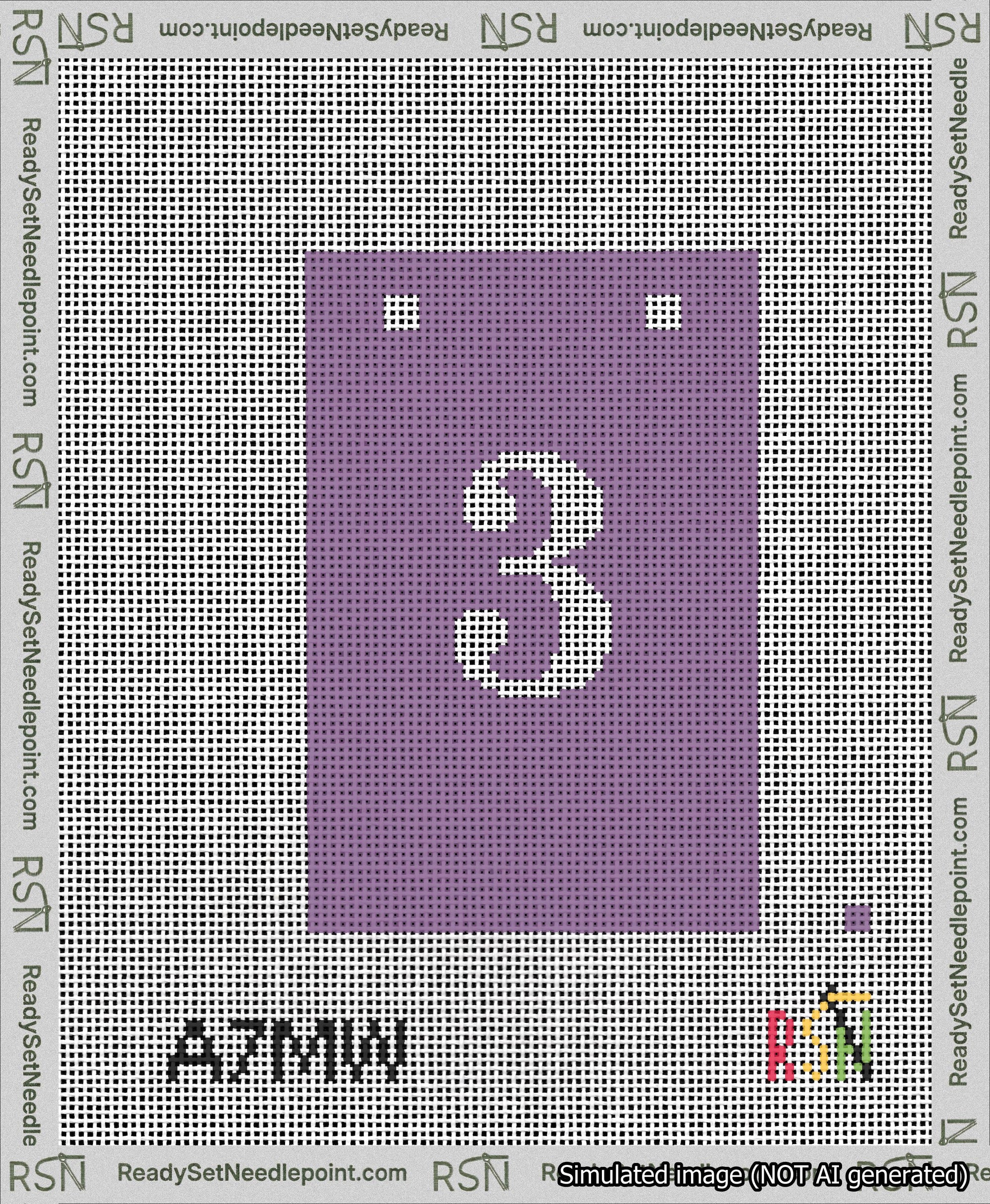 A taped needlepoint canvas with the design: Banner 13 mesh count Squared 3 White on Purple.