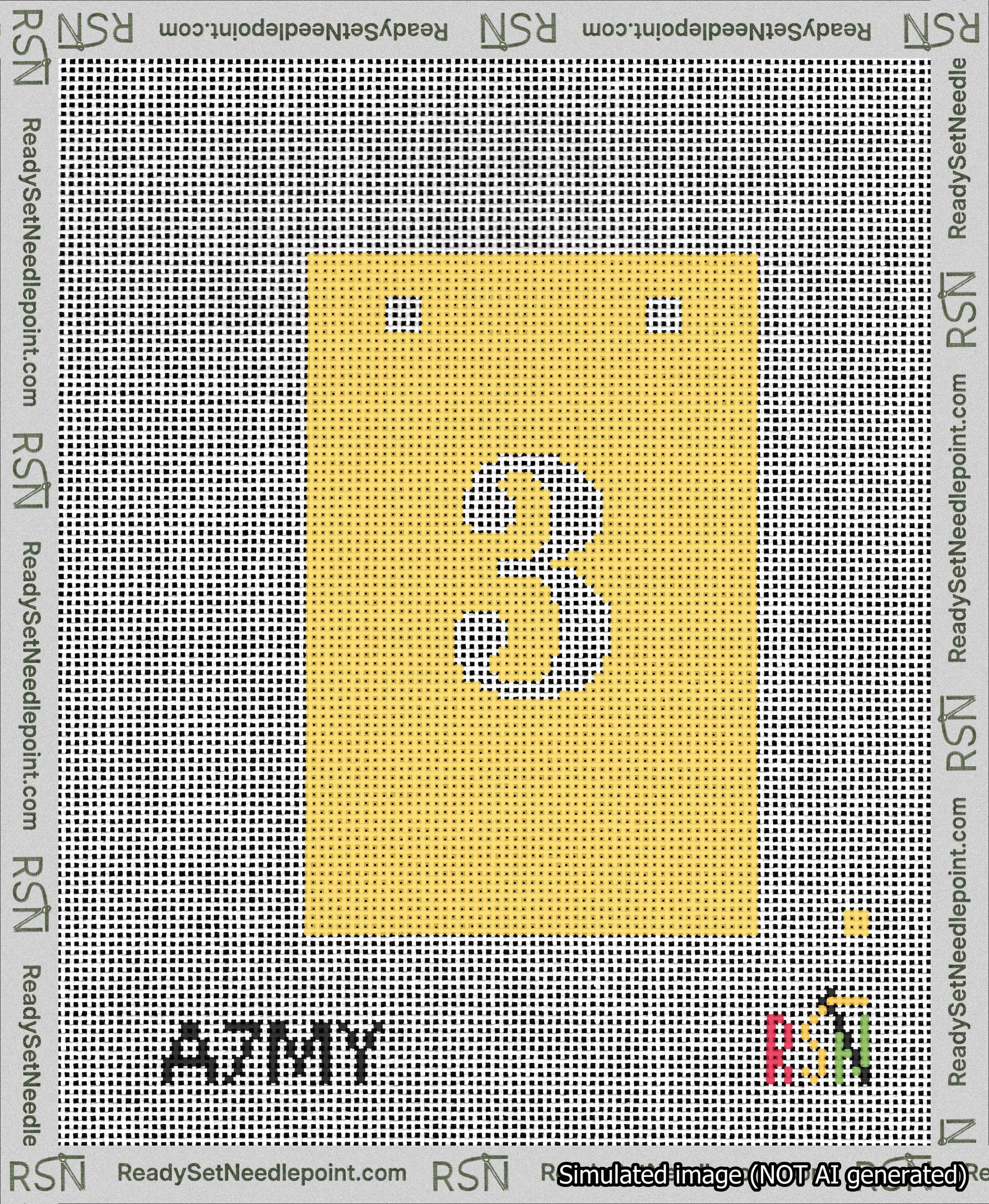 A taped needlepoint canvas with the design: Banner 13 mesh count Squared 3 White on Yellow.
