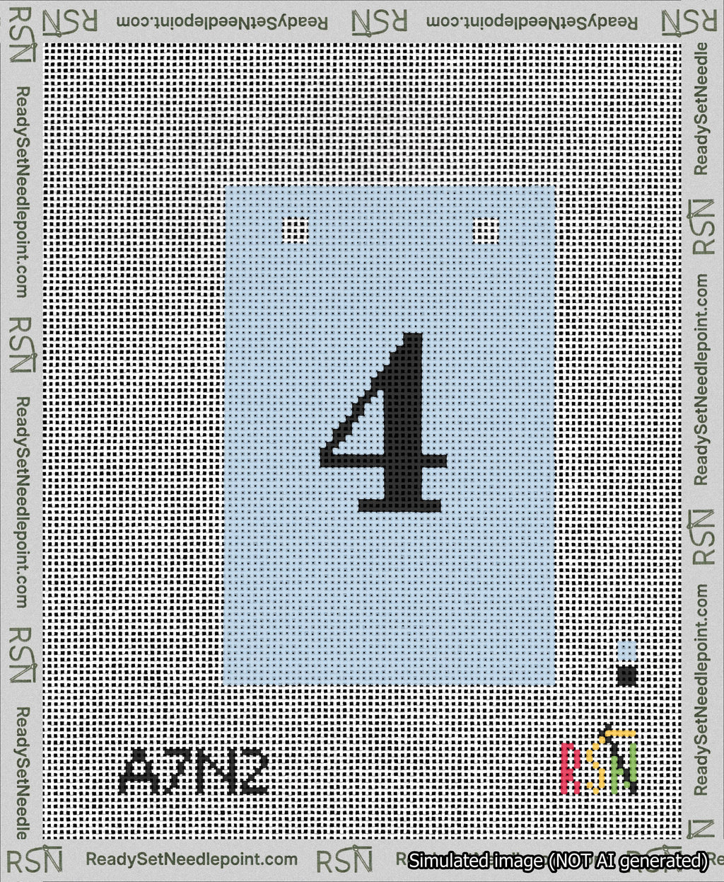 A taped needlepoint canvas with the design: Banner 13 mesh count Squared 4 Black on Light Blue.