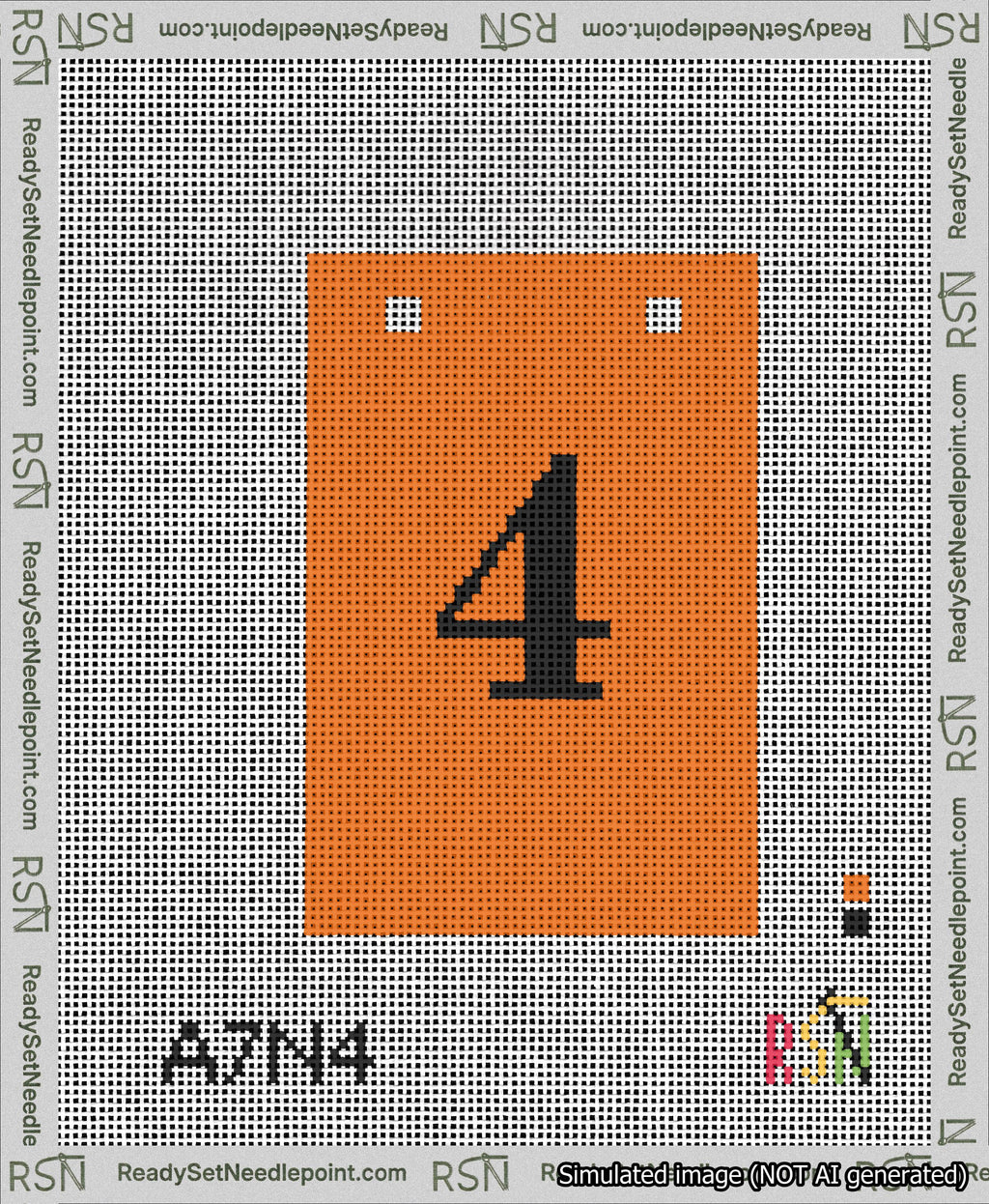 A taped needlepoint canvas with the design: Banner 13 mesh count Squared 4 Black on Orange.