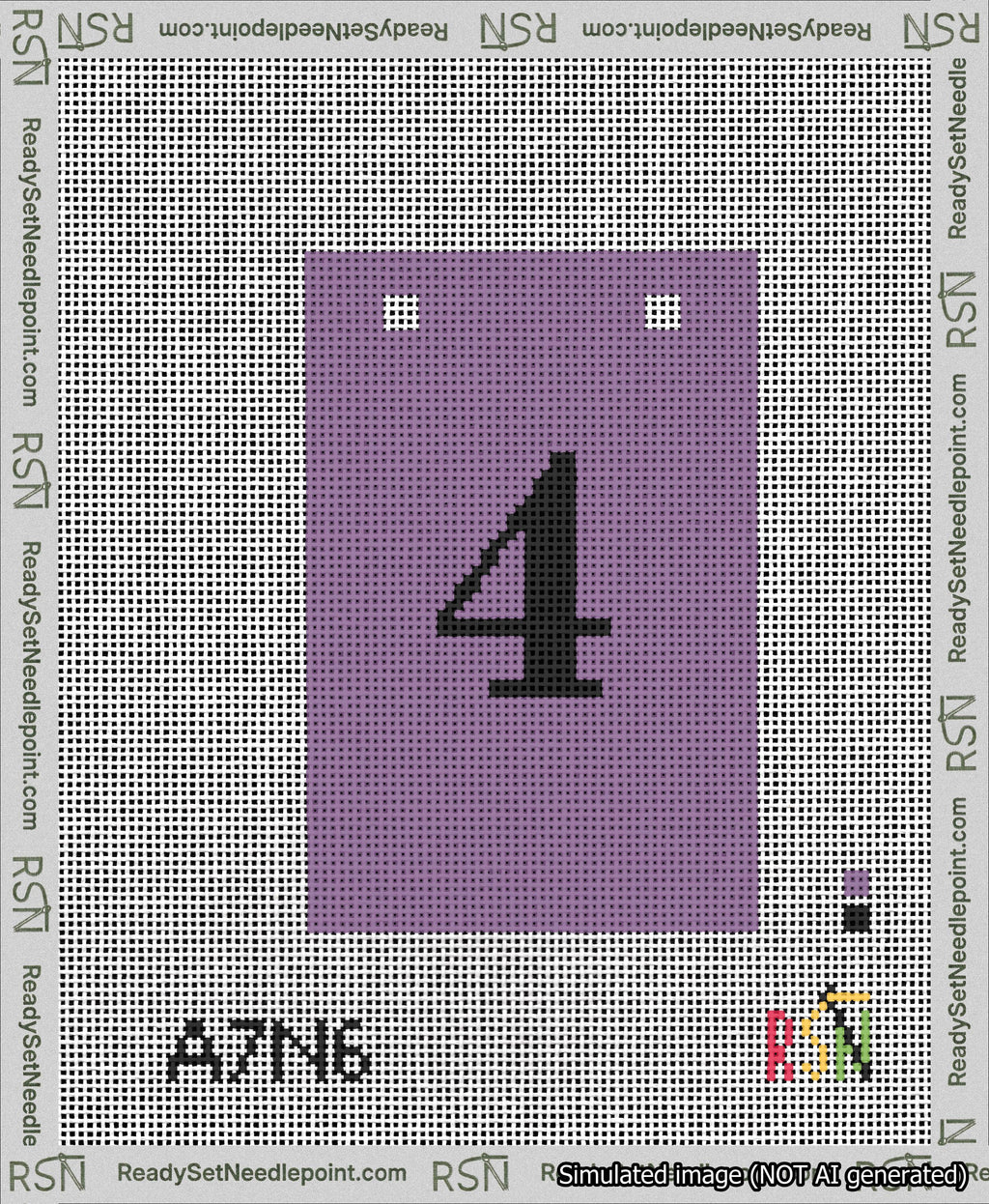A taped needlepoint canvas with the design: Banner 13 mesh count Squared 4 Black on Purple.