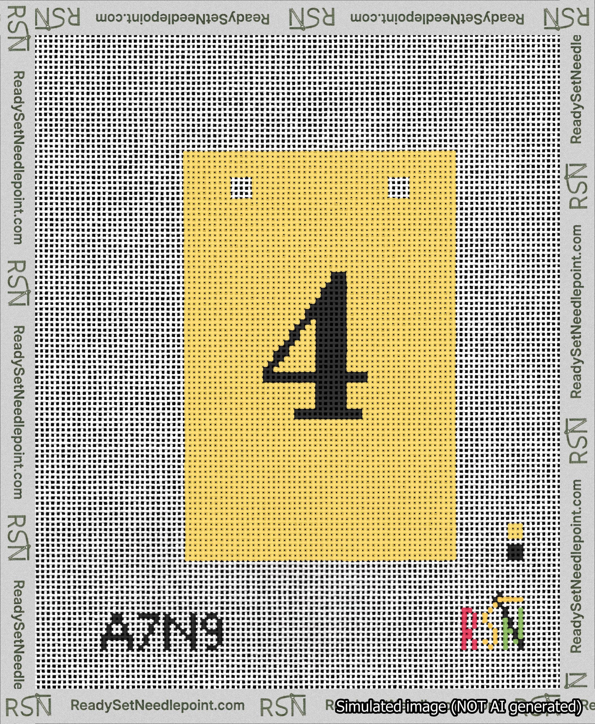 A taped needlepoint canvas with the design: Banner 13 mesh count Squared 4 Black on Yellow.