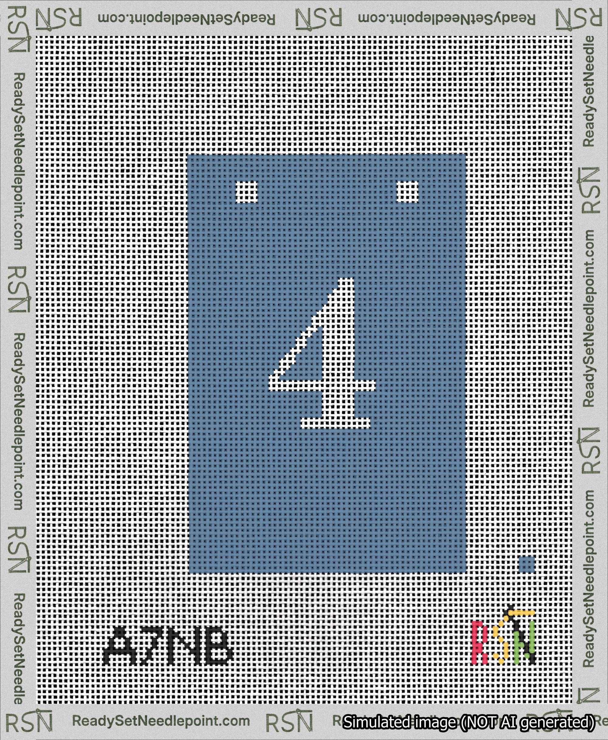 A taped needlepoint canvas with the design: Banner 13 mesh count Squared 4 White on Blue.