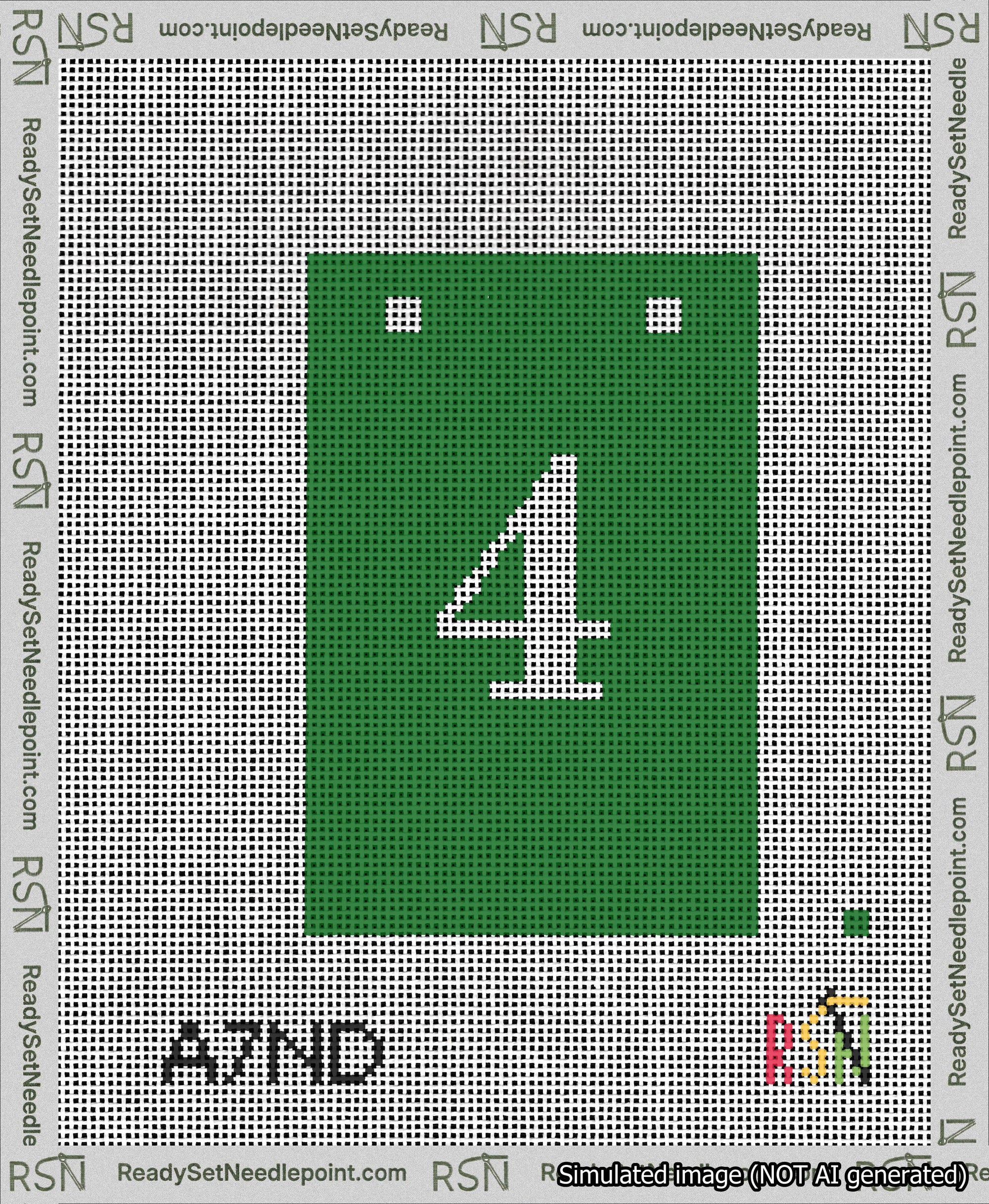 A taped needlepoint canvas with the design: Banner 13 mesh count Squared 4 White on Green.