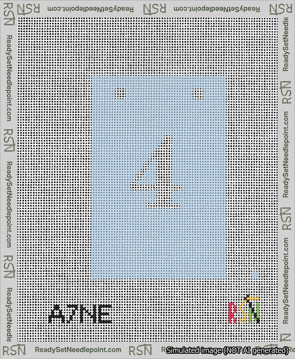 A taped needlepoint canvas with the design: Banner 13 mesh count Squared 4 White on Light Blue.