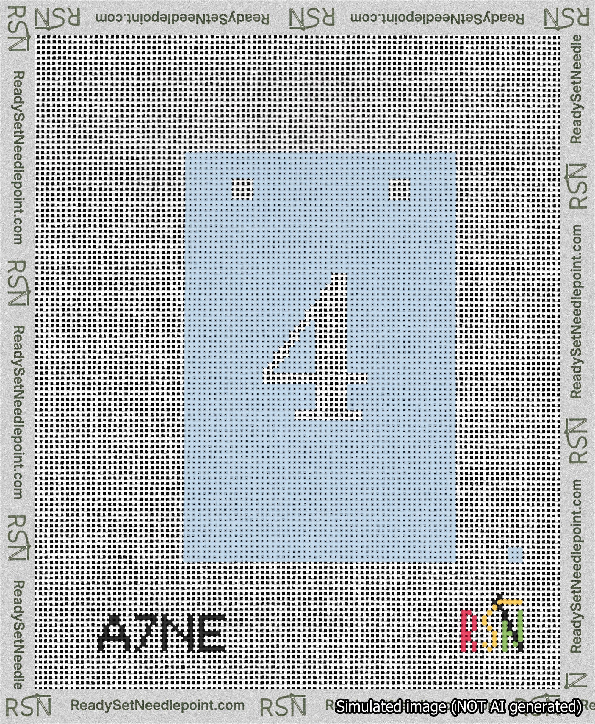 A taped needlepoint canvas with the design: Banner 13 mesh count Squared 4 White on Light Blue.