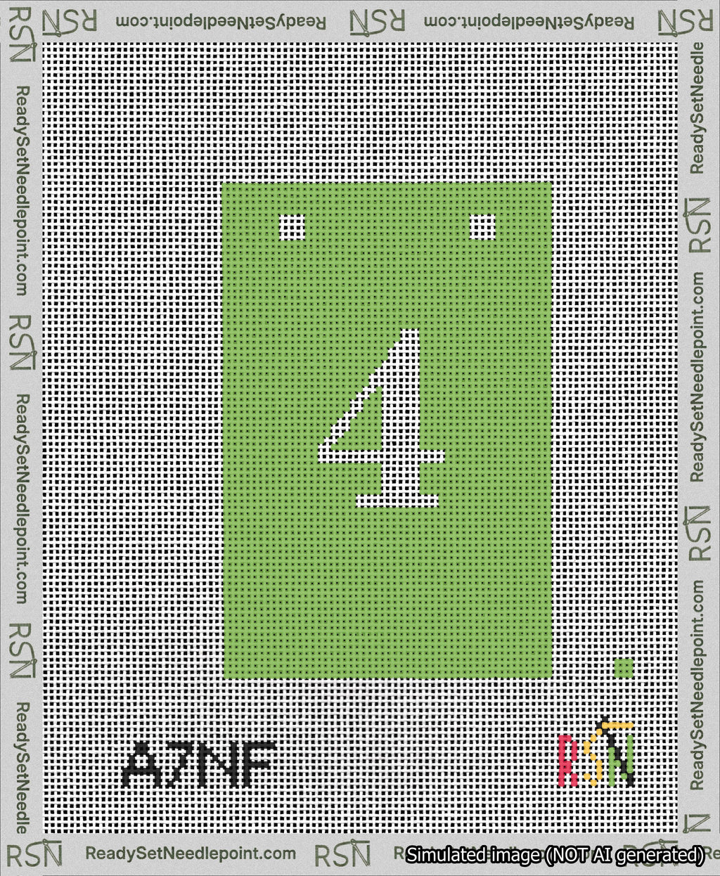 A taped needlepoint canvas with the design: Banner 13 mesh count Squared 4 White on Light Green.