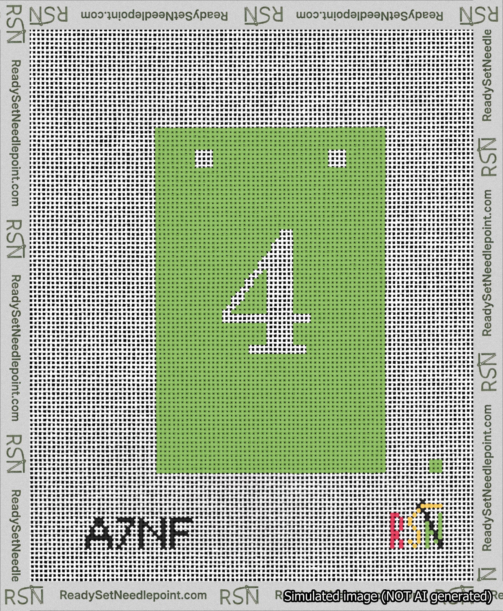 A taped needlepoint canvas with the design: Banner 13 mesh count Squared 4 White on Light Green.
