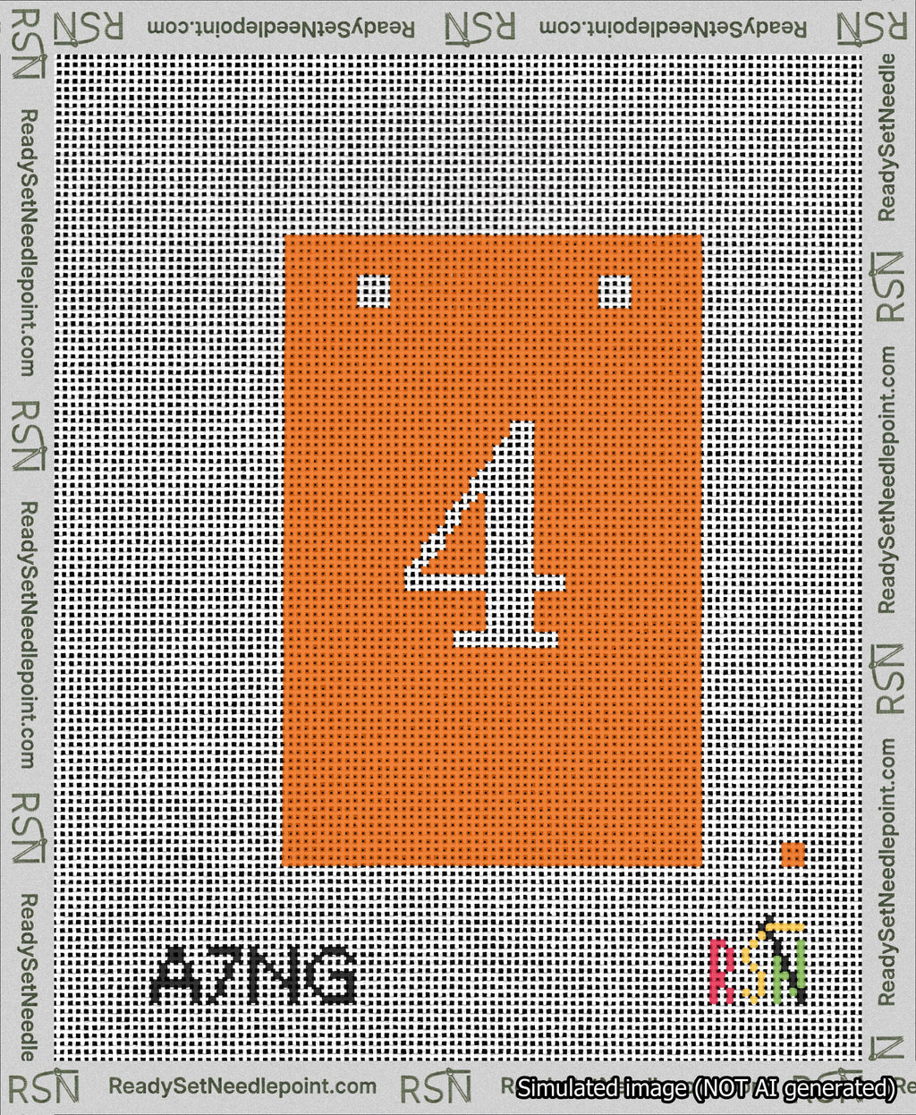 A taped needlepoint canvas with the design: Banner 13 mesh count Squared 4 White on Orange.