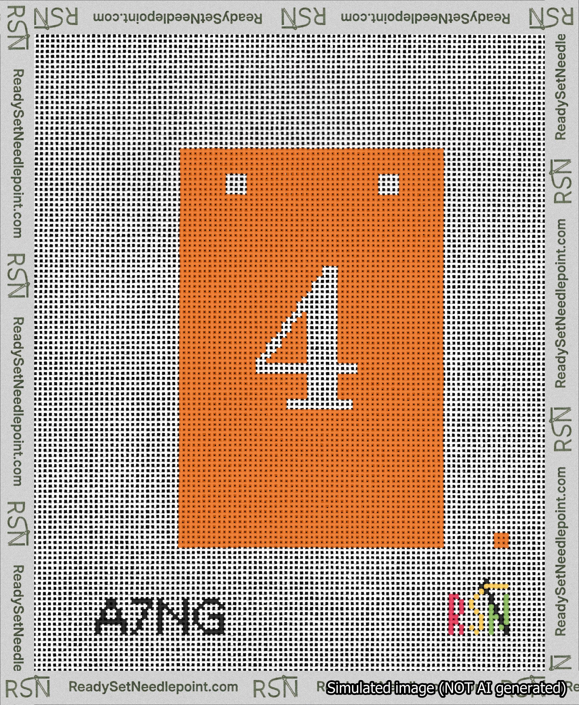 A taped needlepoint canvas with the design: Banner 13 mesh count Squared 4 White on Orange.