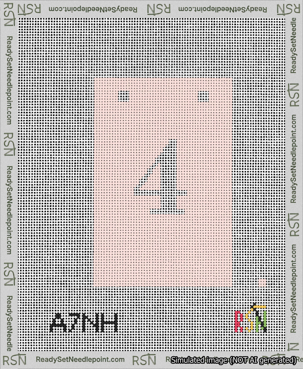 A taped needlepoint canvas with the design: Banner 13 mesh count Squared 4 White on Pink.