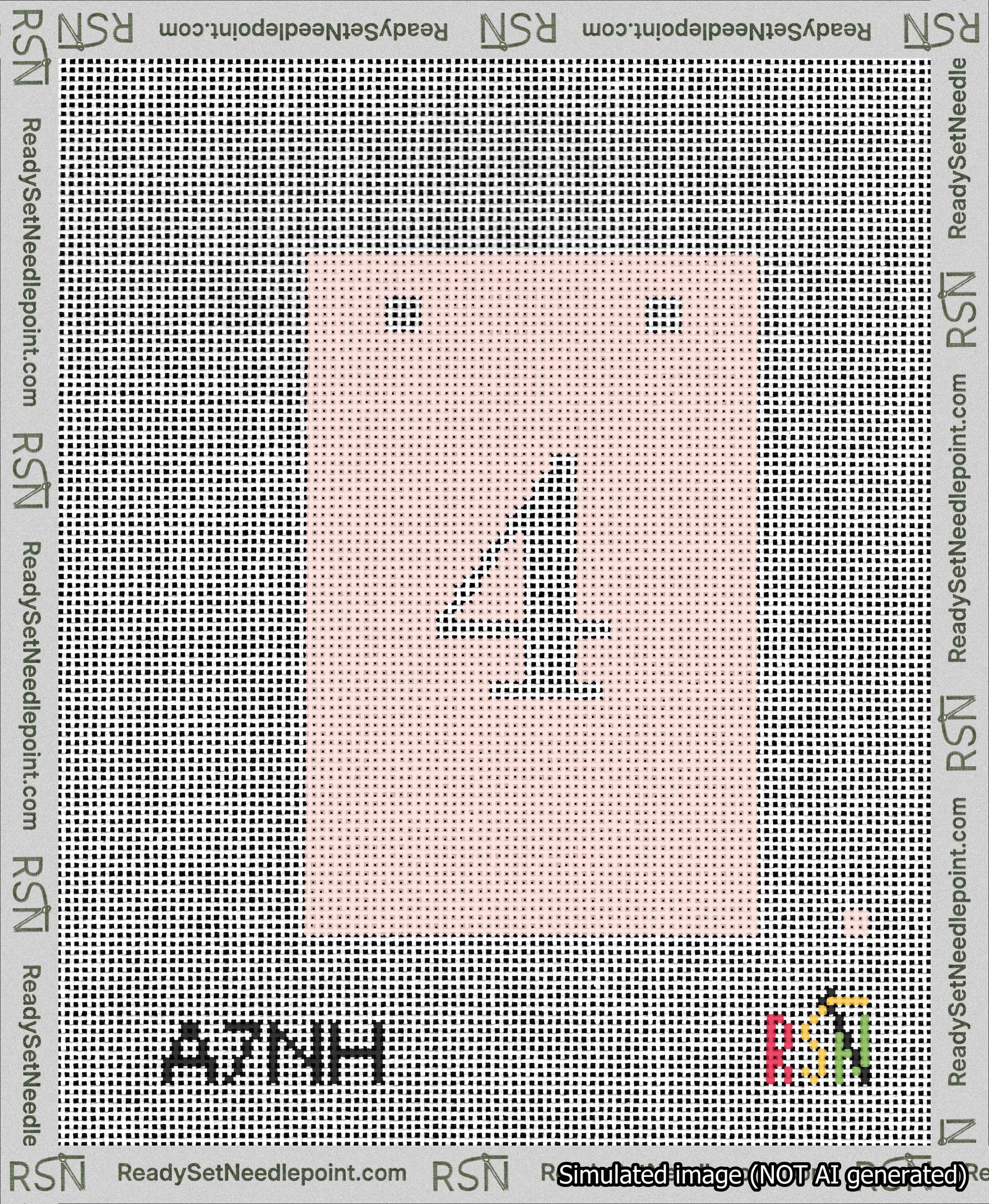 A taped needlepoint canvas with the design: Banner 13 mesh count Squared 4 White on Pink.