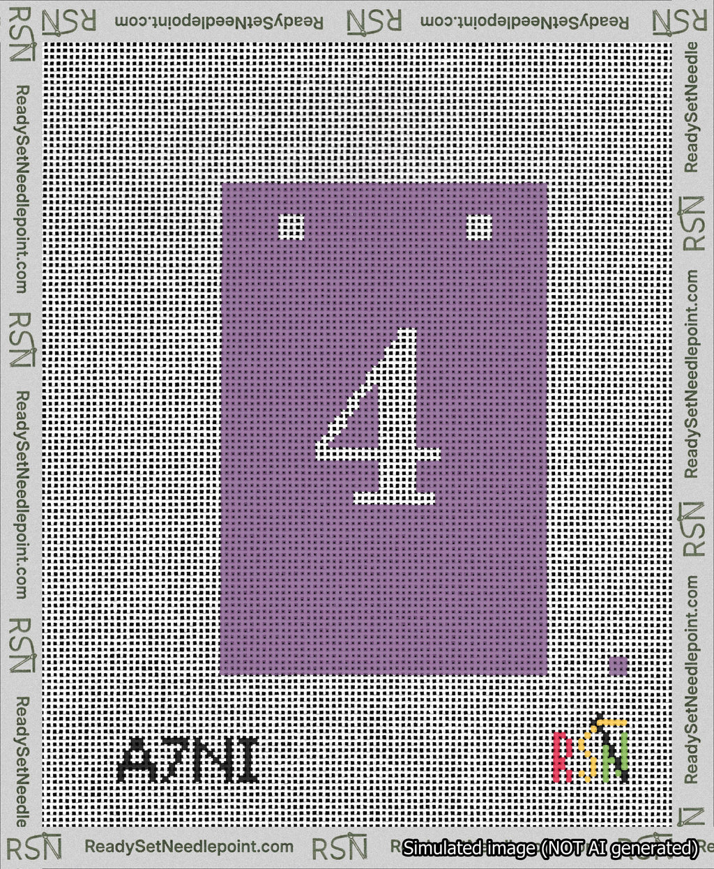 A taped needlepoint canvas with the design: Banner 13 mesh count Squared 4 White on Purple.