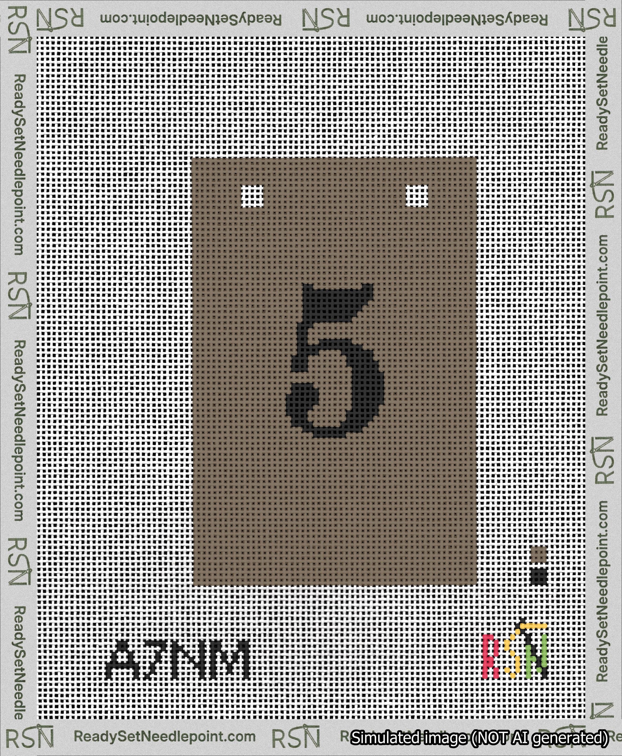 A taped needlepoint canvas with the design: Banner 13 mesh count Squared 5 Black on Brown.