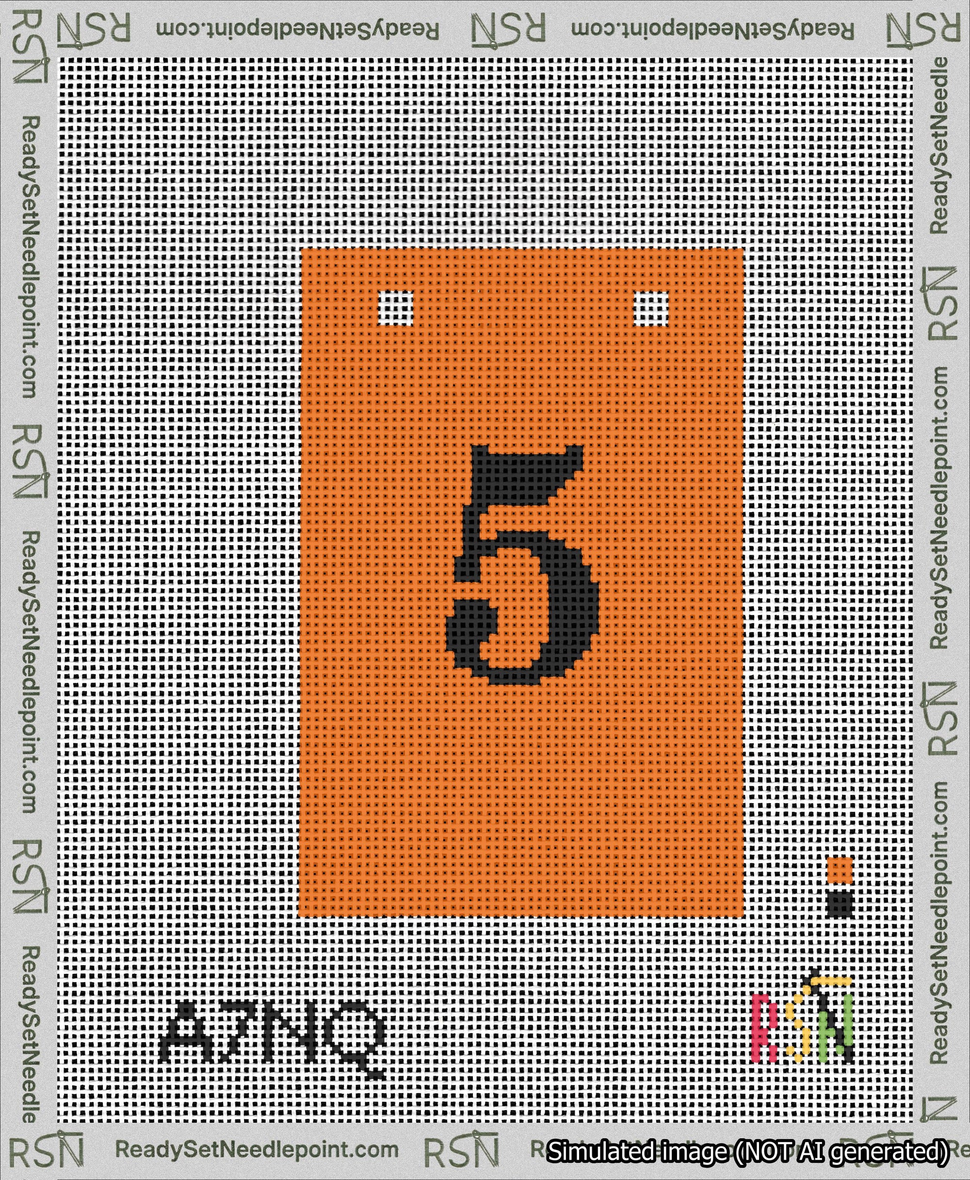 A taped needlepoint canvas with the design: Banner 13 mesh count Squared 5 Black on Orange.